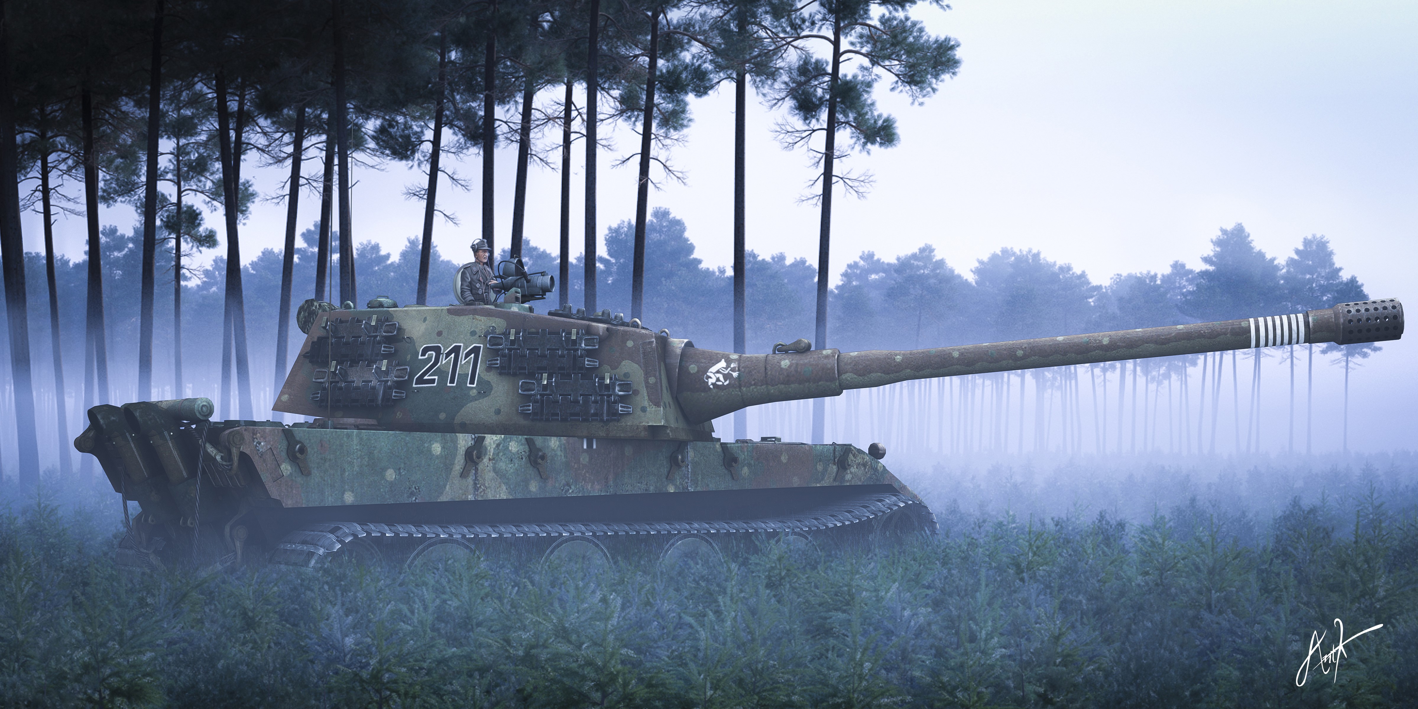 Tank in a foggy forest HD Wallpaper