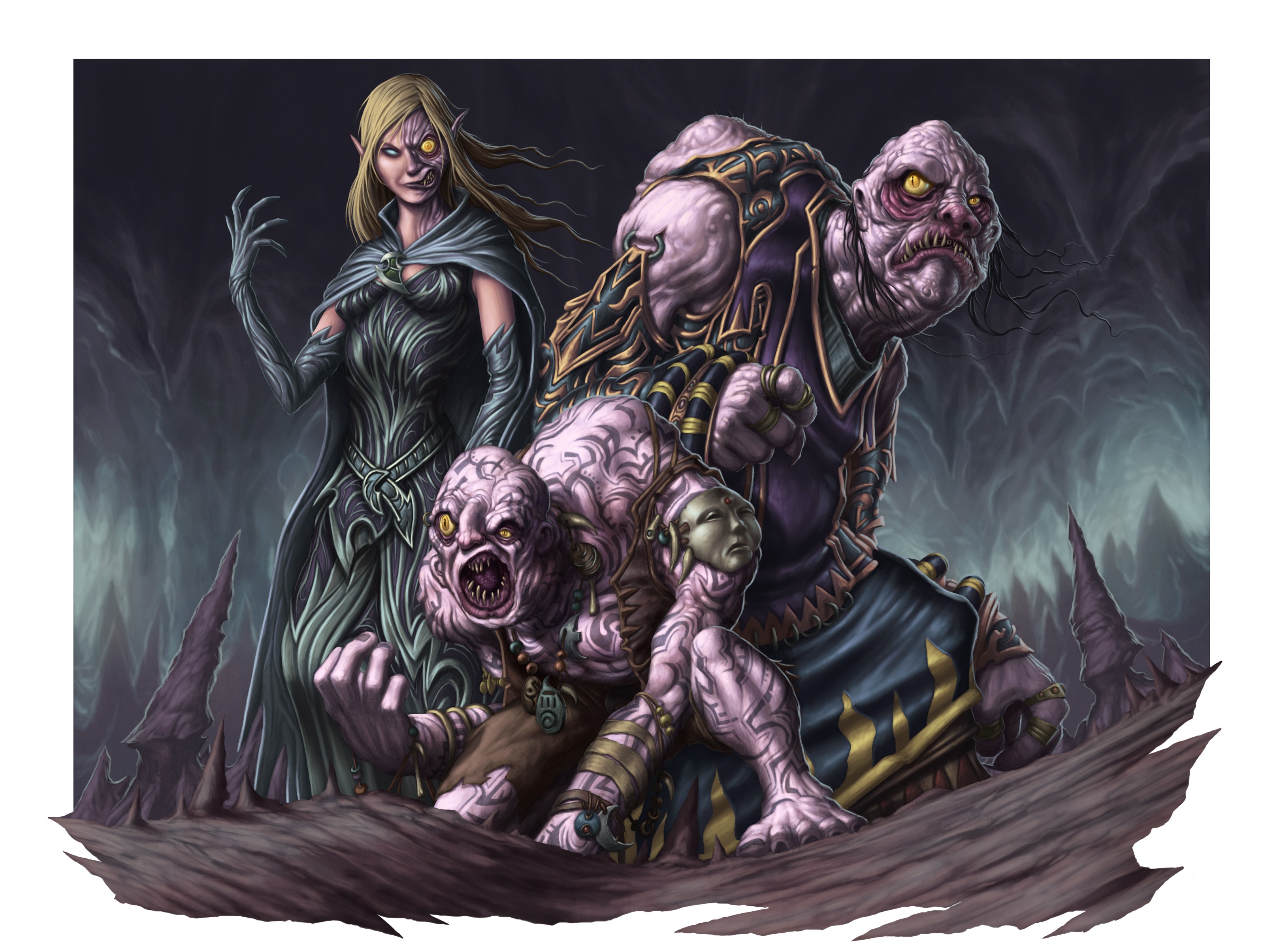 Three monsters in a dark, rocky landscape HD Wallpaper