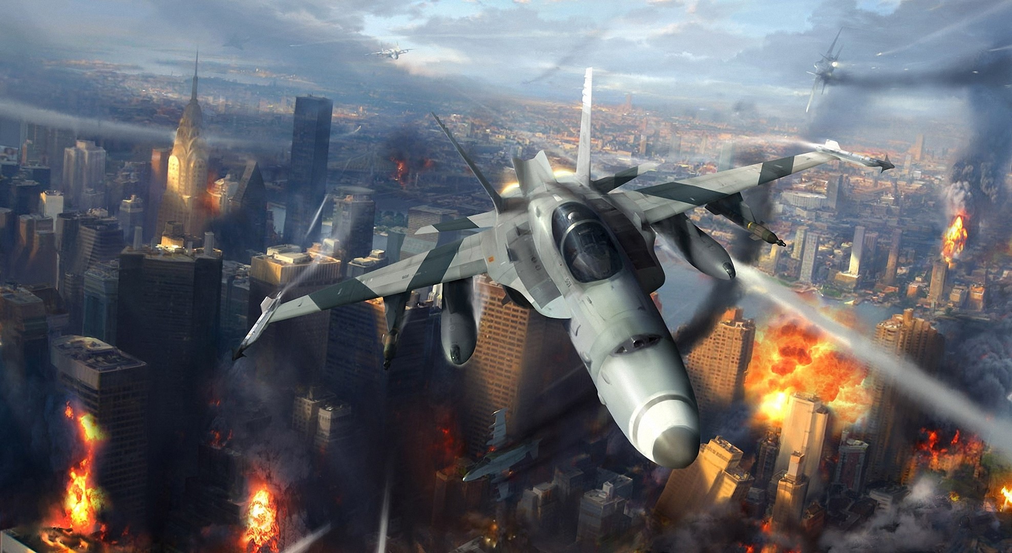 Fighter jet in a city during an aerial battle HD Wallpaper