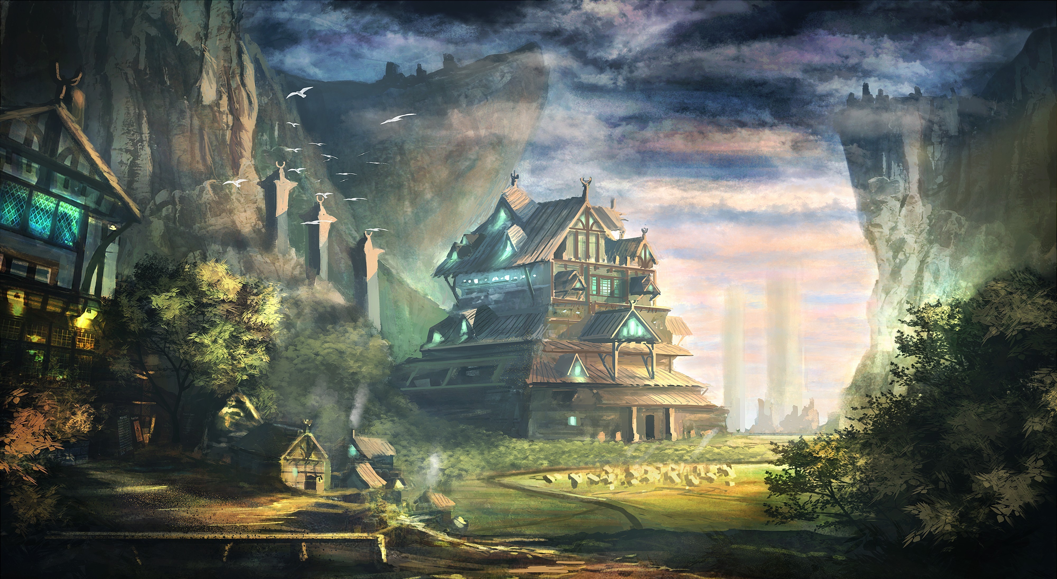 Fantasy village with large houses and mountains HD Wallpaper
