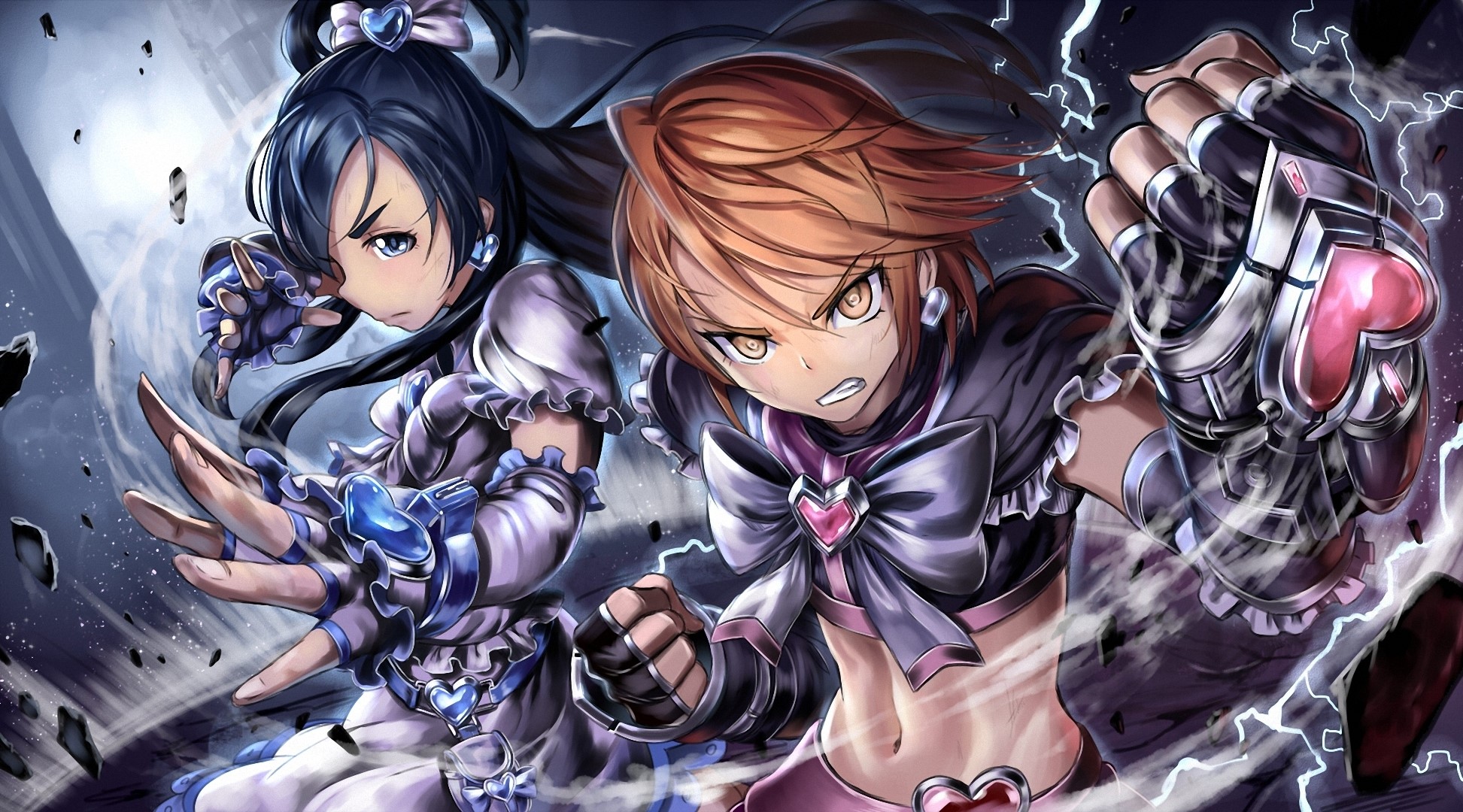 Two anime girls with heart accessories fighting HD Wallpaper