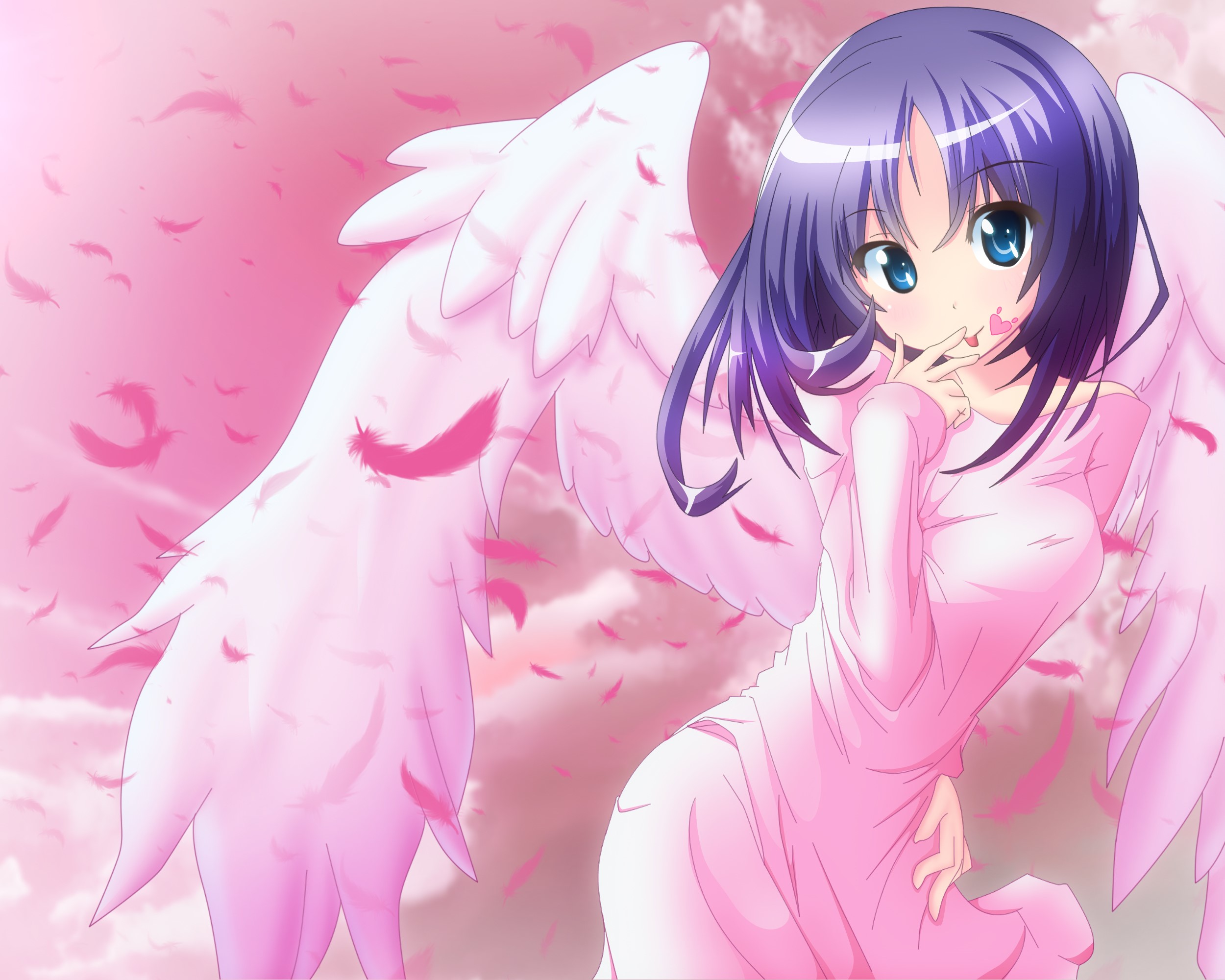 Anime girl with purple hair and angel wings HD Wallpaper