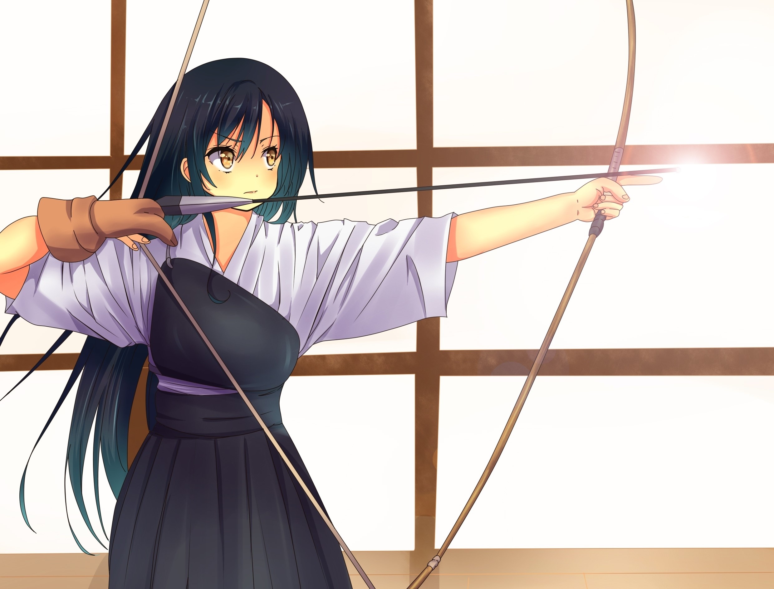 Anime girl in traditional Japanese archery attire aiming a bow HD Wallpaper