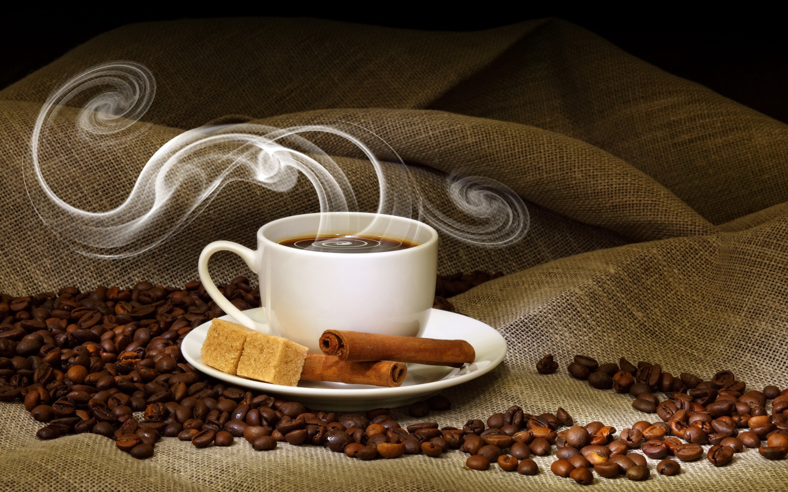 Steaming cup of coffee with cinnamon and sugar cubes HD Wallpaper
