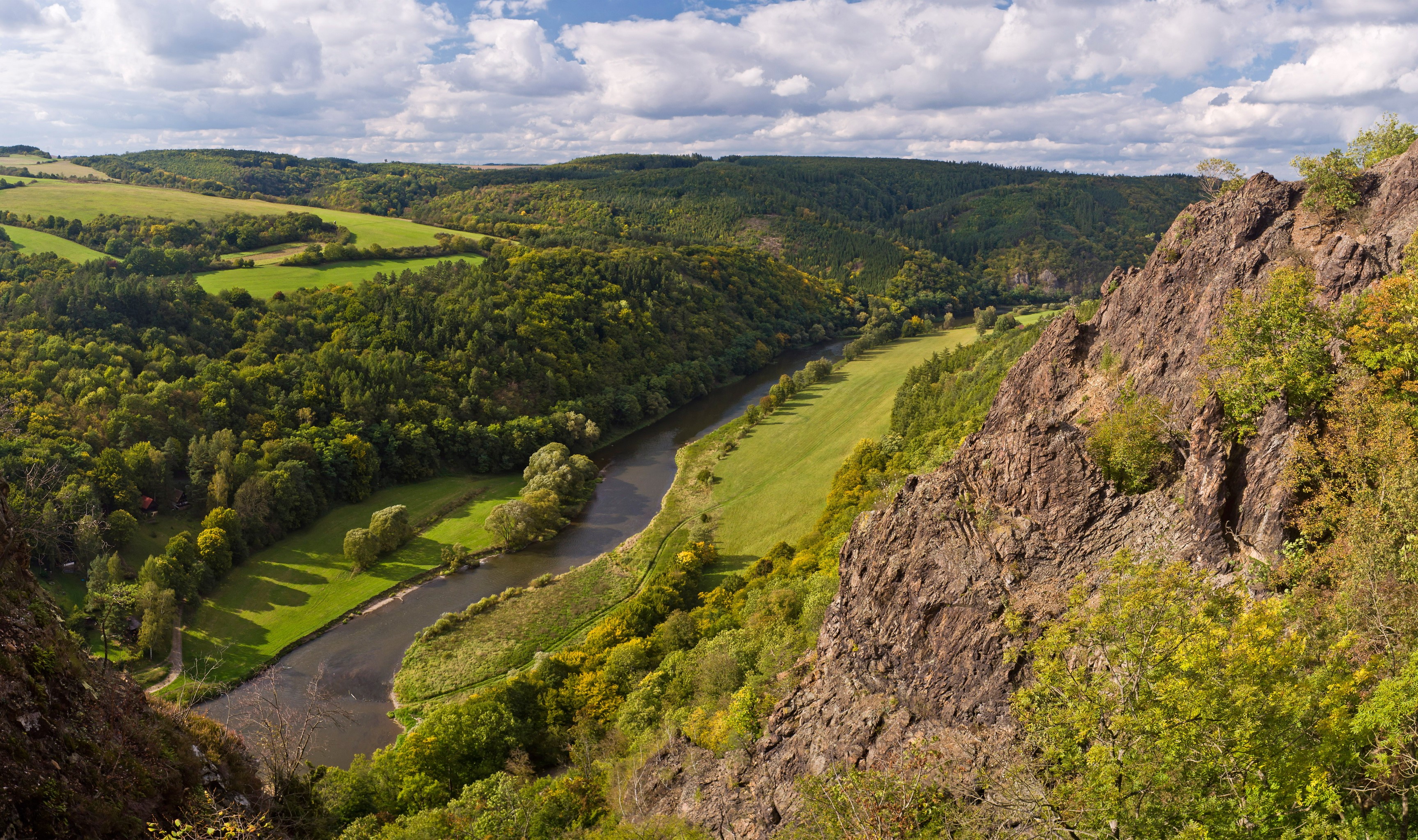 River valley with forests and rocky cliffs in Karlova Ves, Czech Republic HD Wallpaper