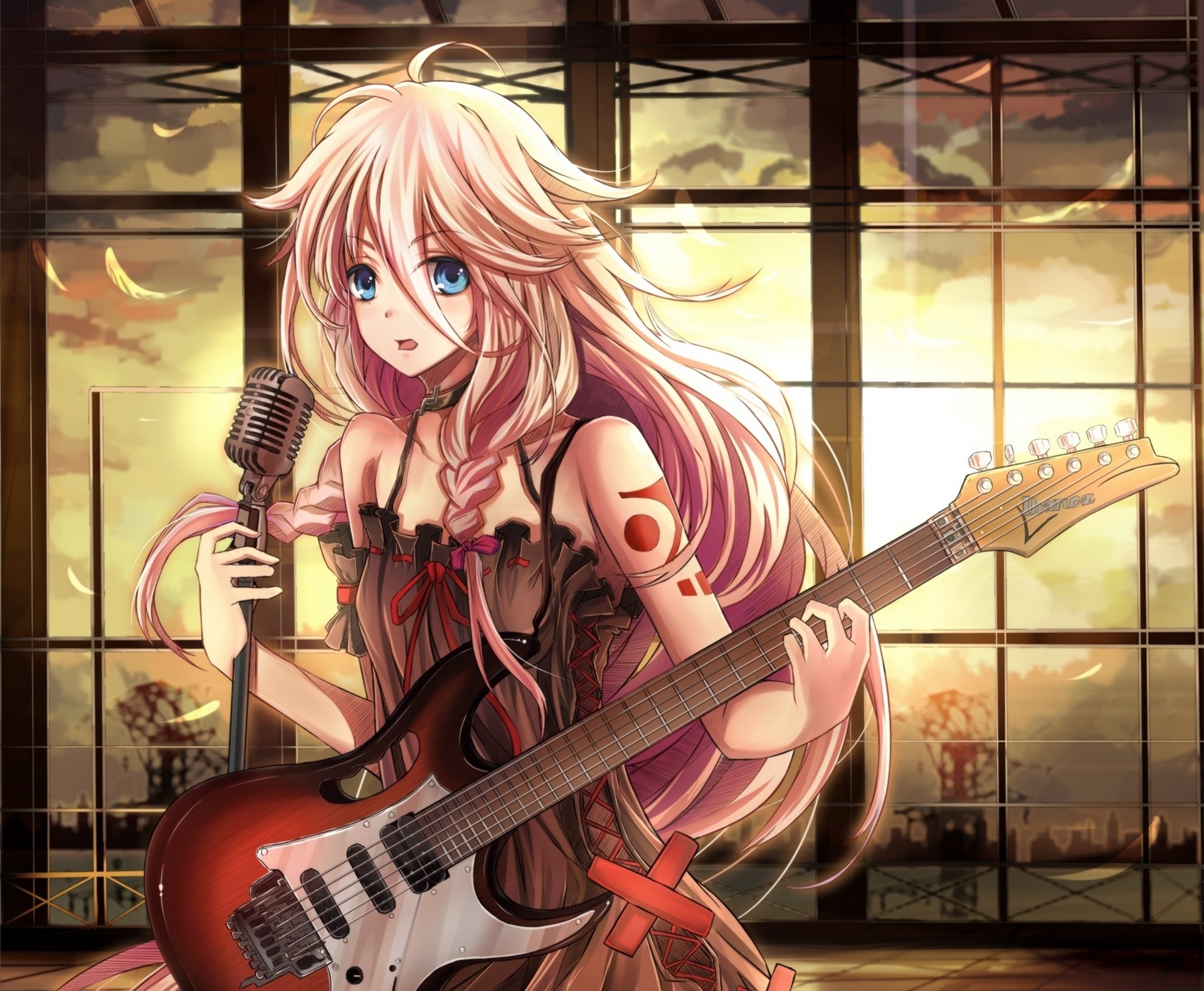Luka Megurine from Vocaloid playing guitar and singing HD Wallpaper