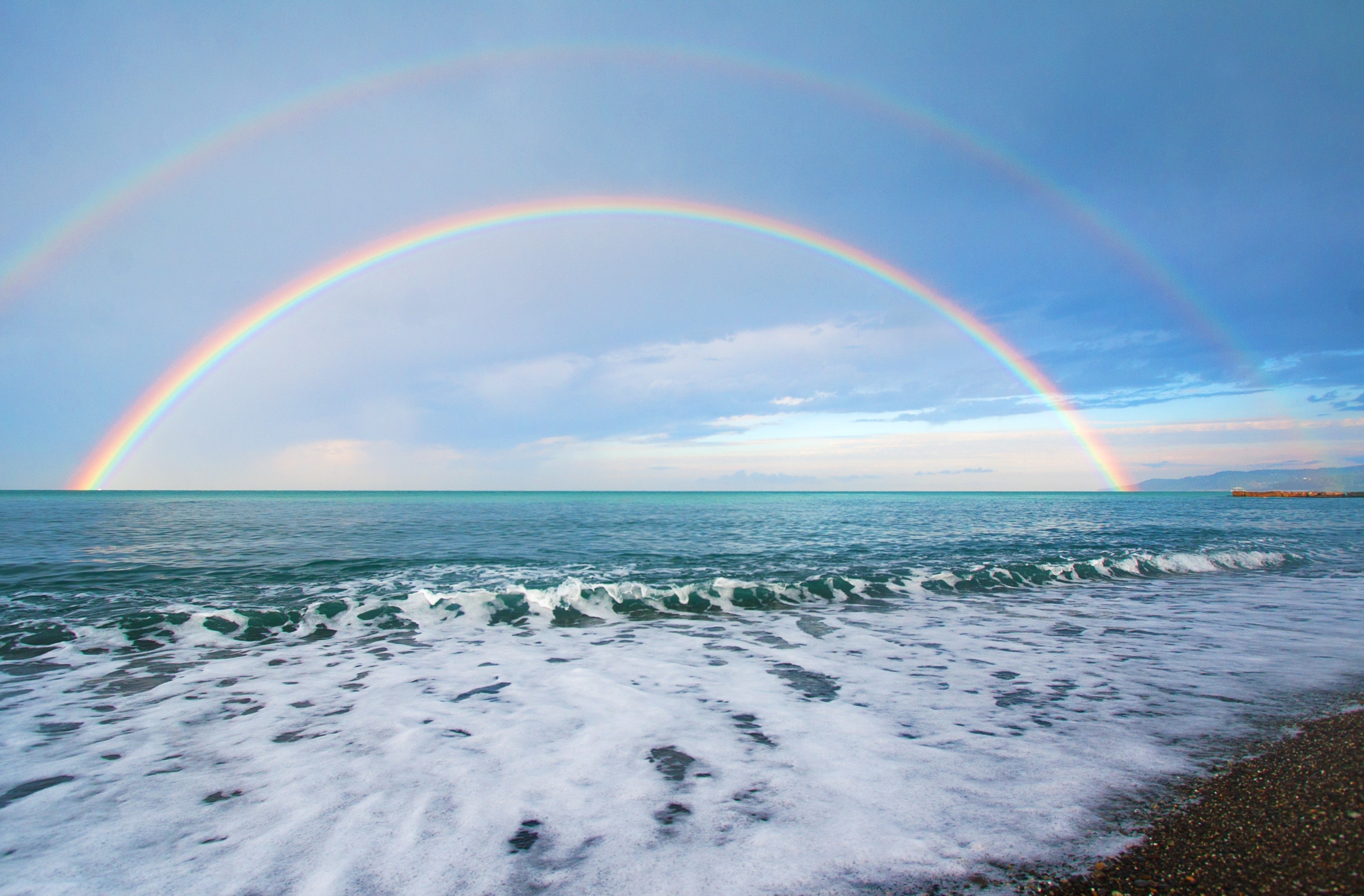 Double rainbow over the sea and coast HD Wallpaper