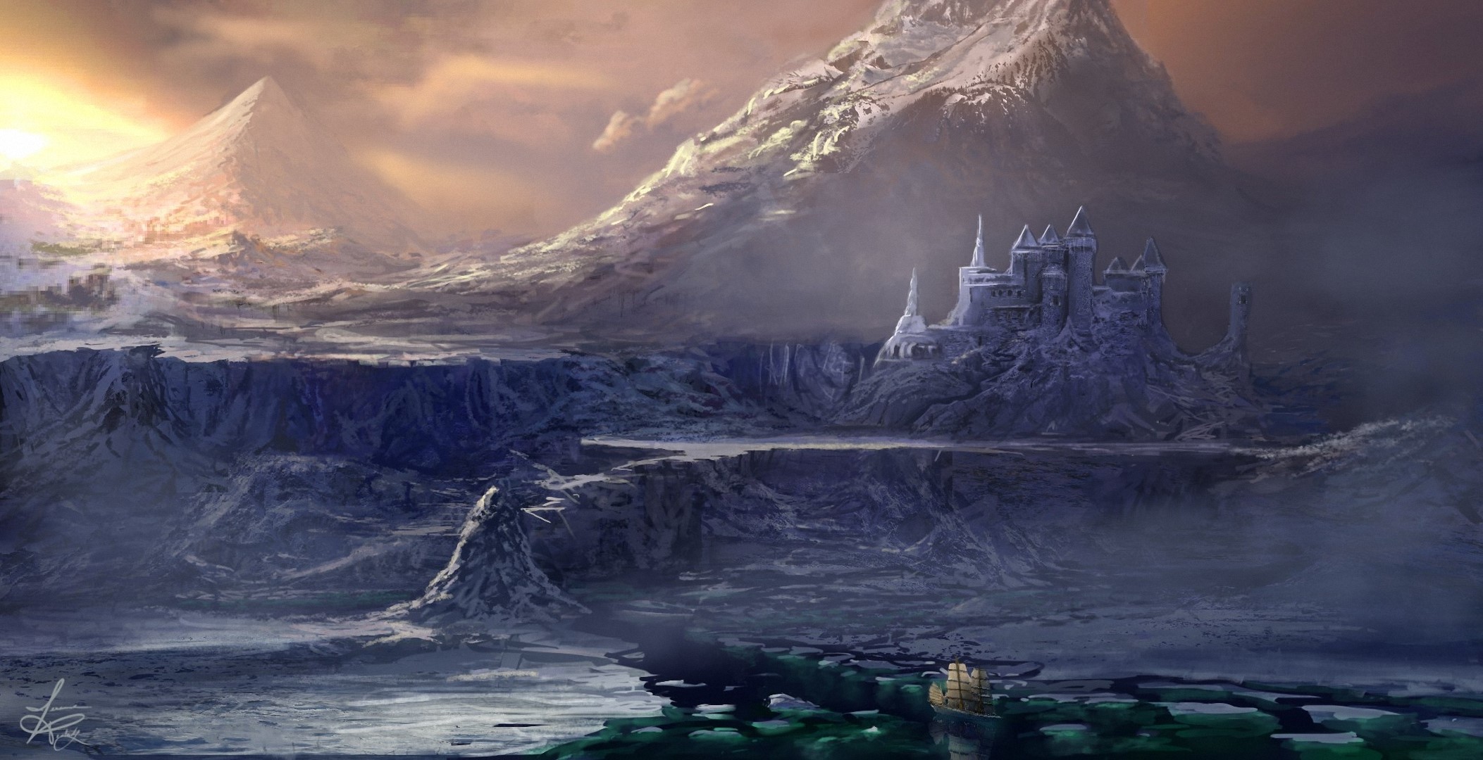 Fantasy castle on a snowy mountain landscape HD Wallpaper