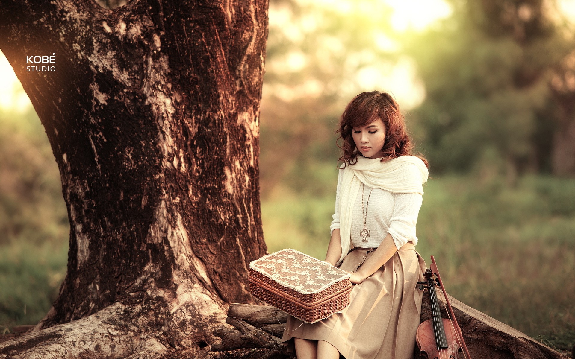 Asian woman with violin and basket by tree HD Wallpaper