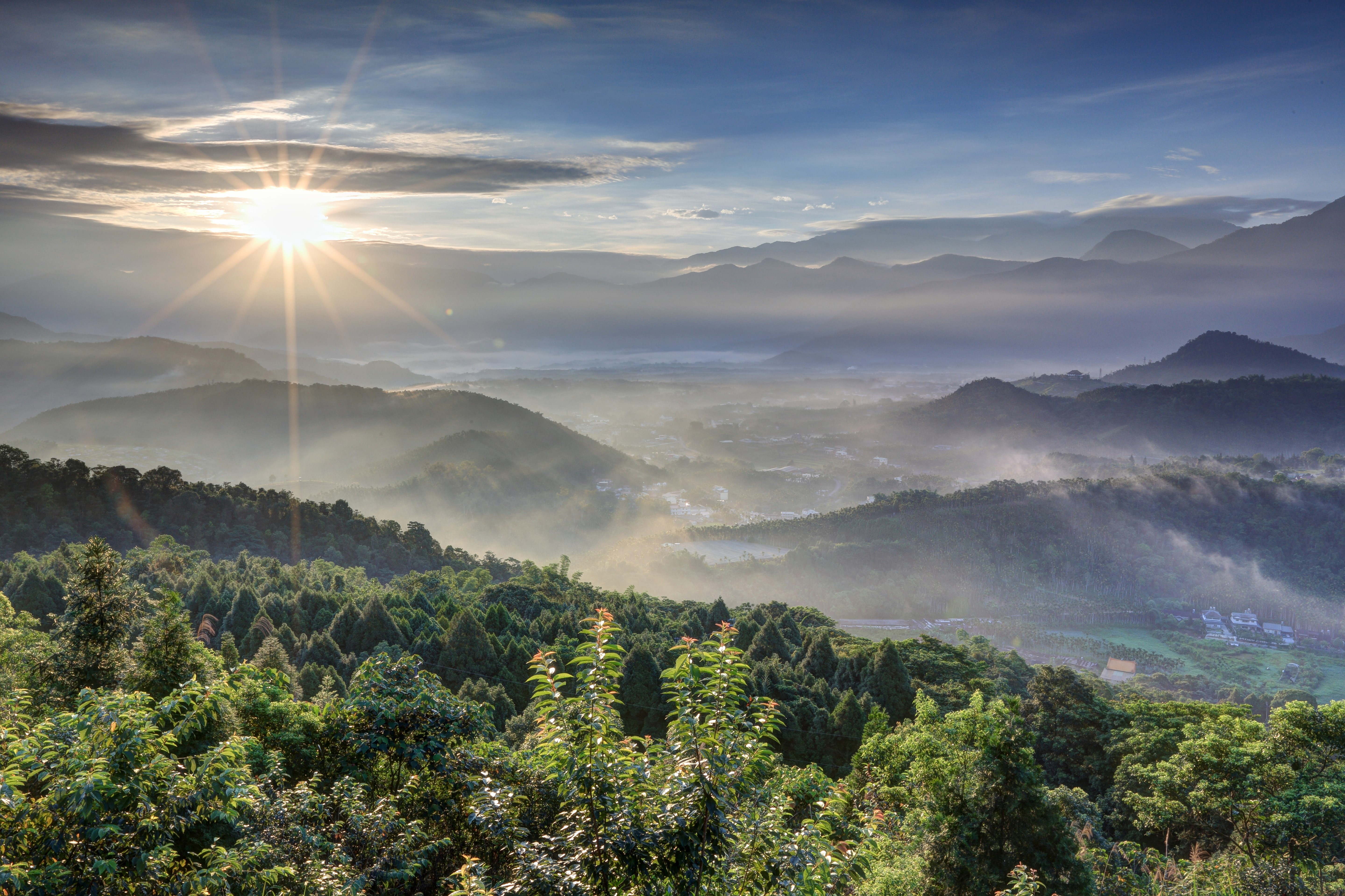 Sunrise over misty mountains and forest HD Wallpaper