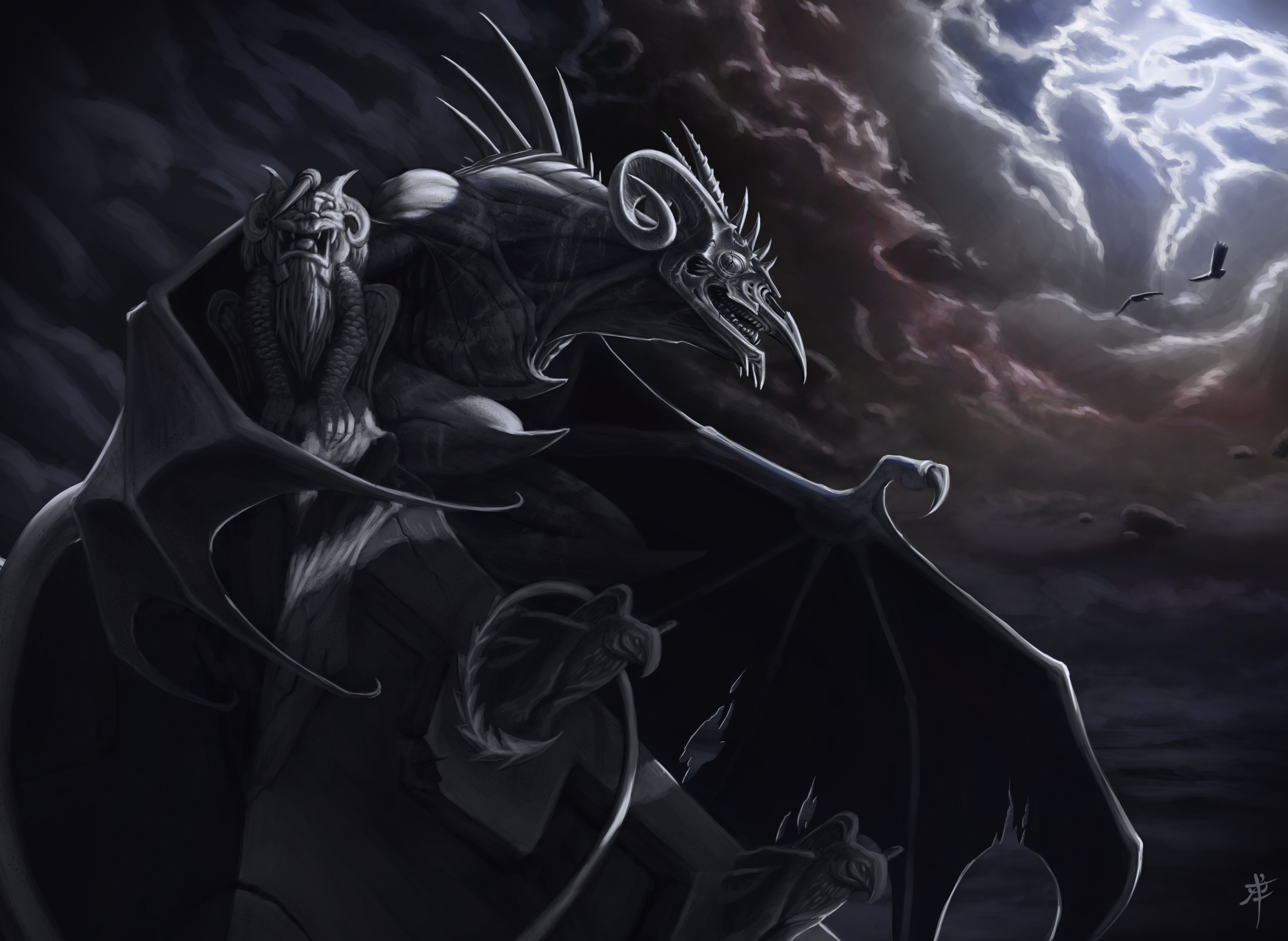 Dragons and gargoyles in stormy skies HD Wallpaper
