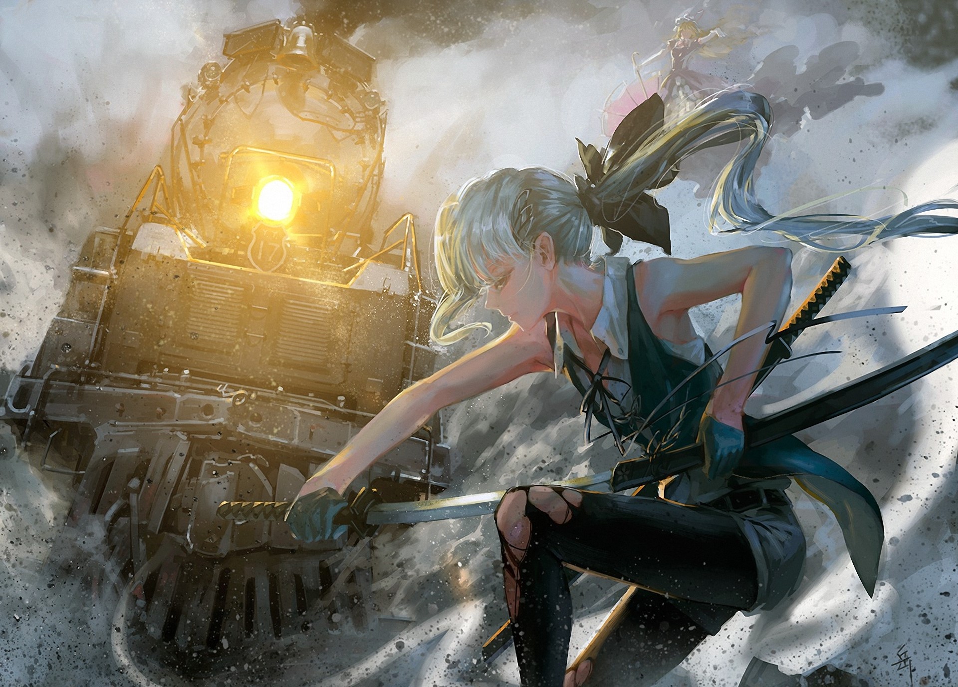 Girl with swords fighting near a train HD Wallpaper