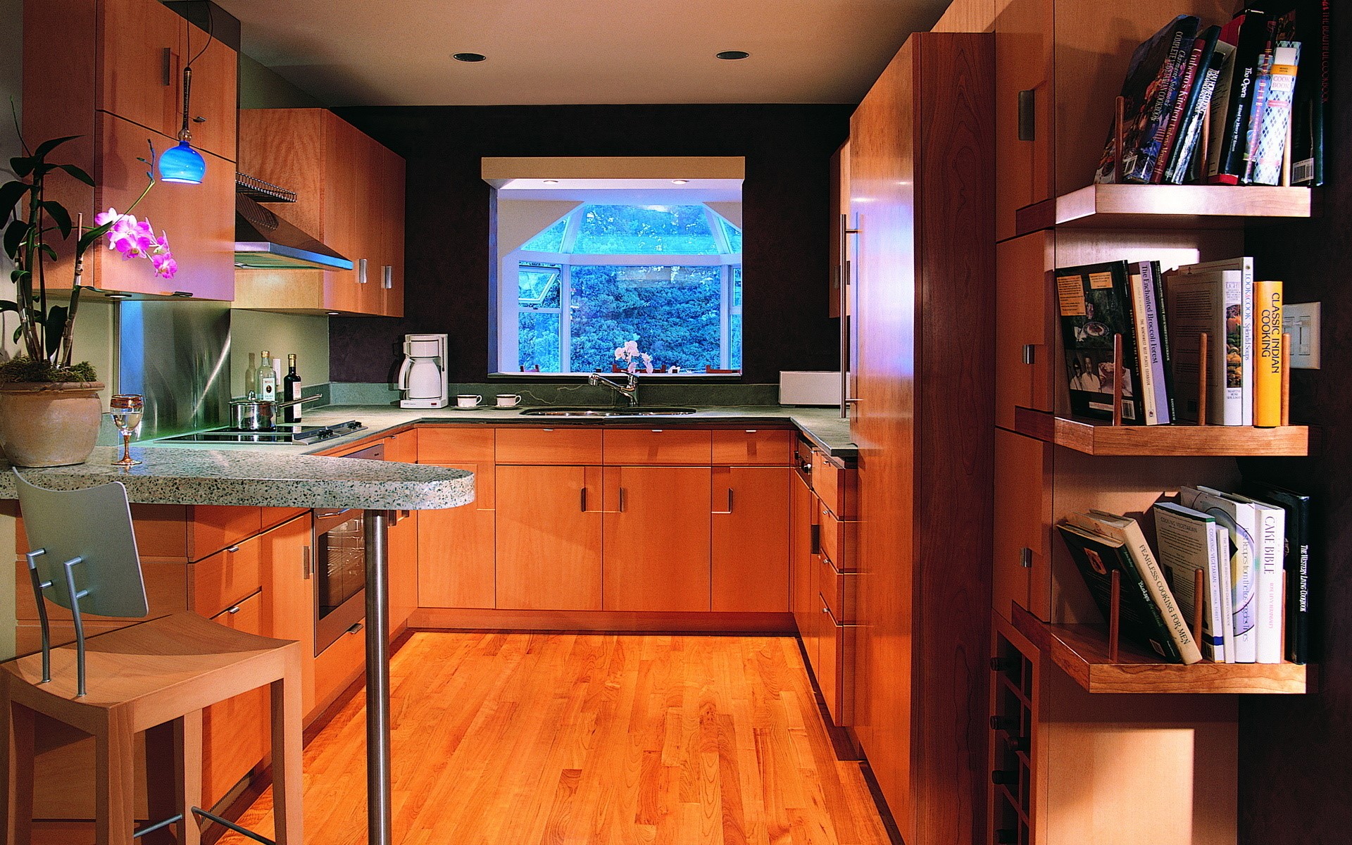 Modern kitchen with wooden cabinets and a window HD Wallpaper