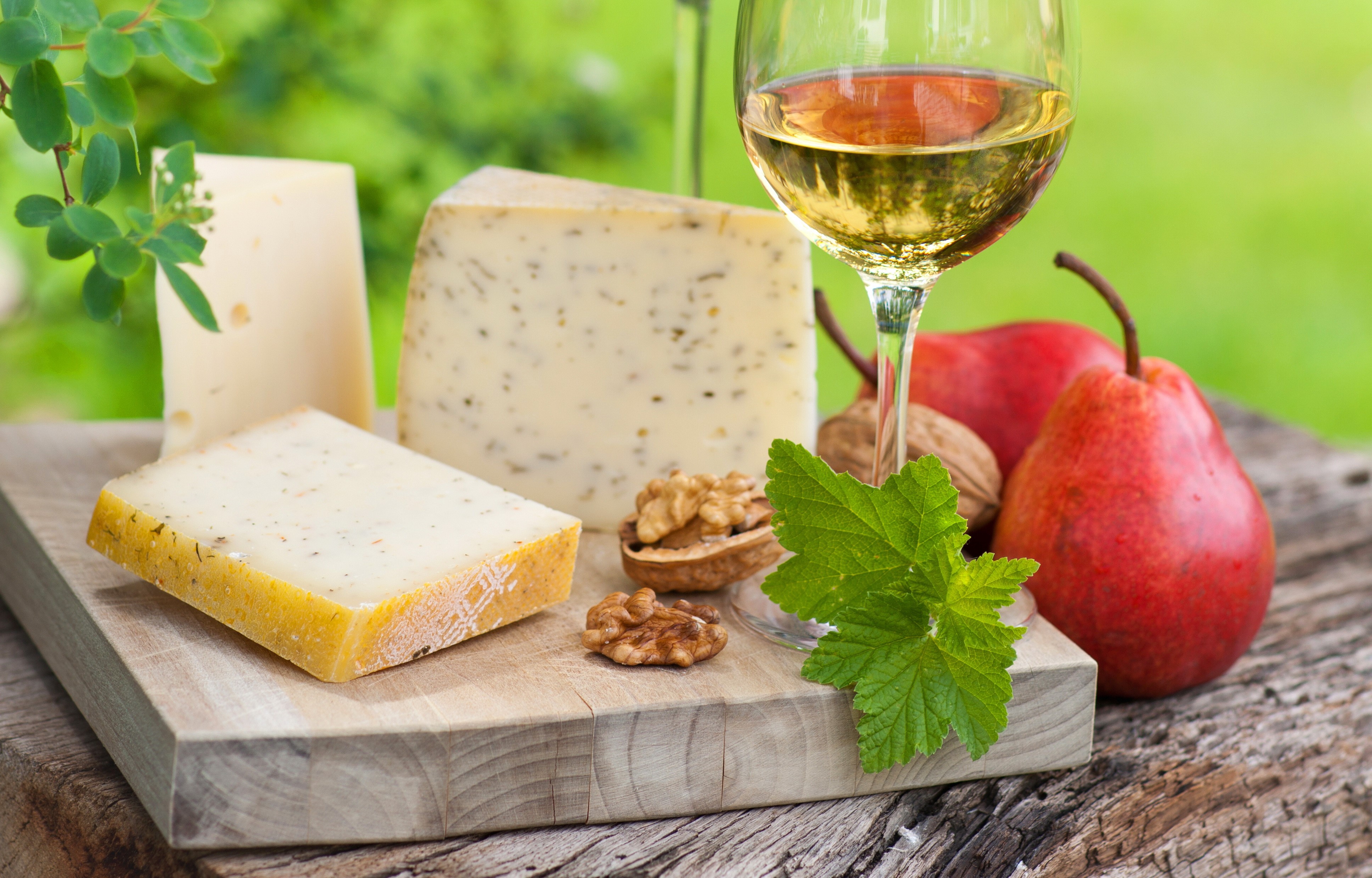 Still-life of cheese, nuts, pears, and white wine HD Wallpaper