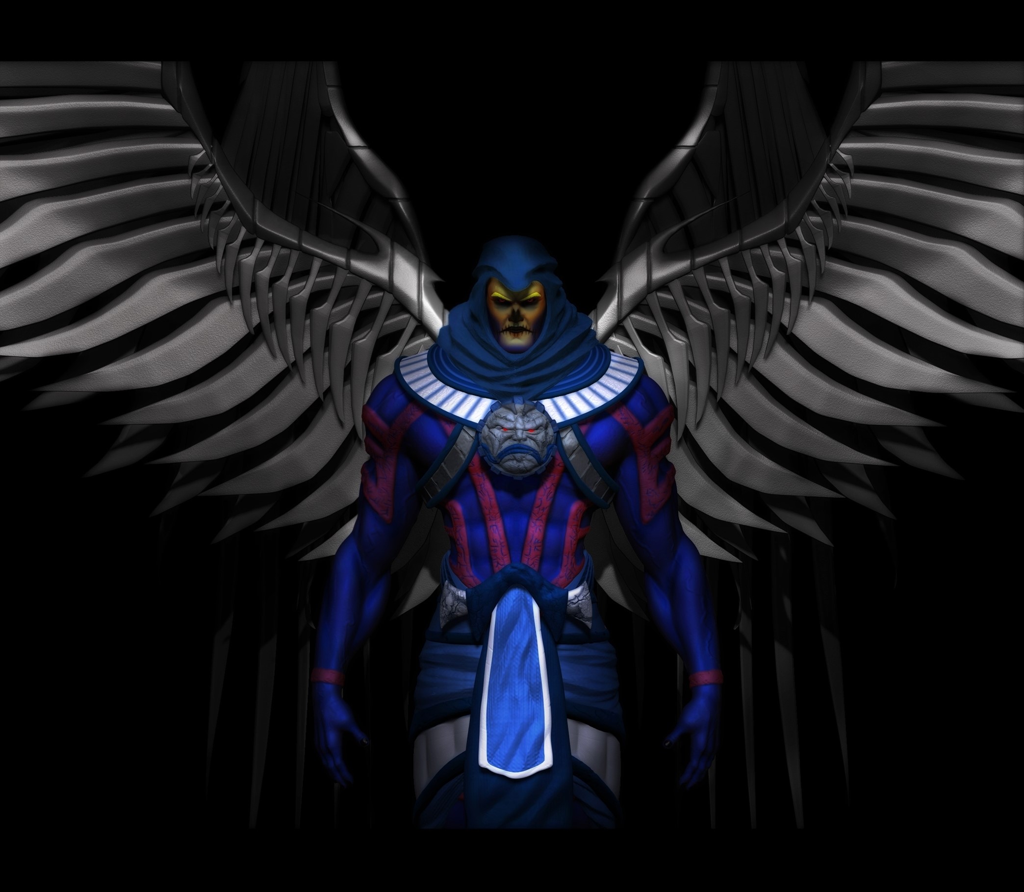 A winged figure with a blue hood and mask HD Wallpaper