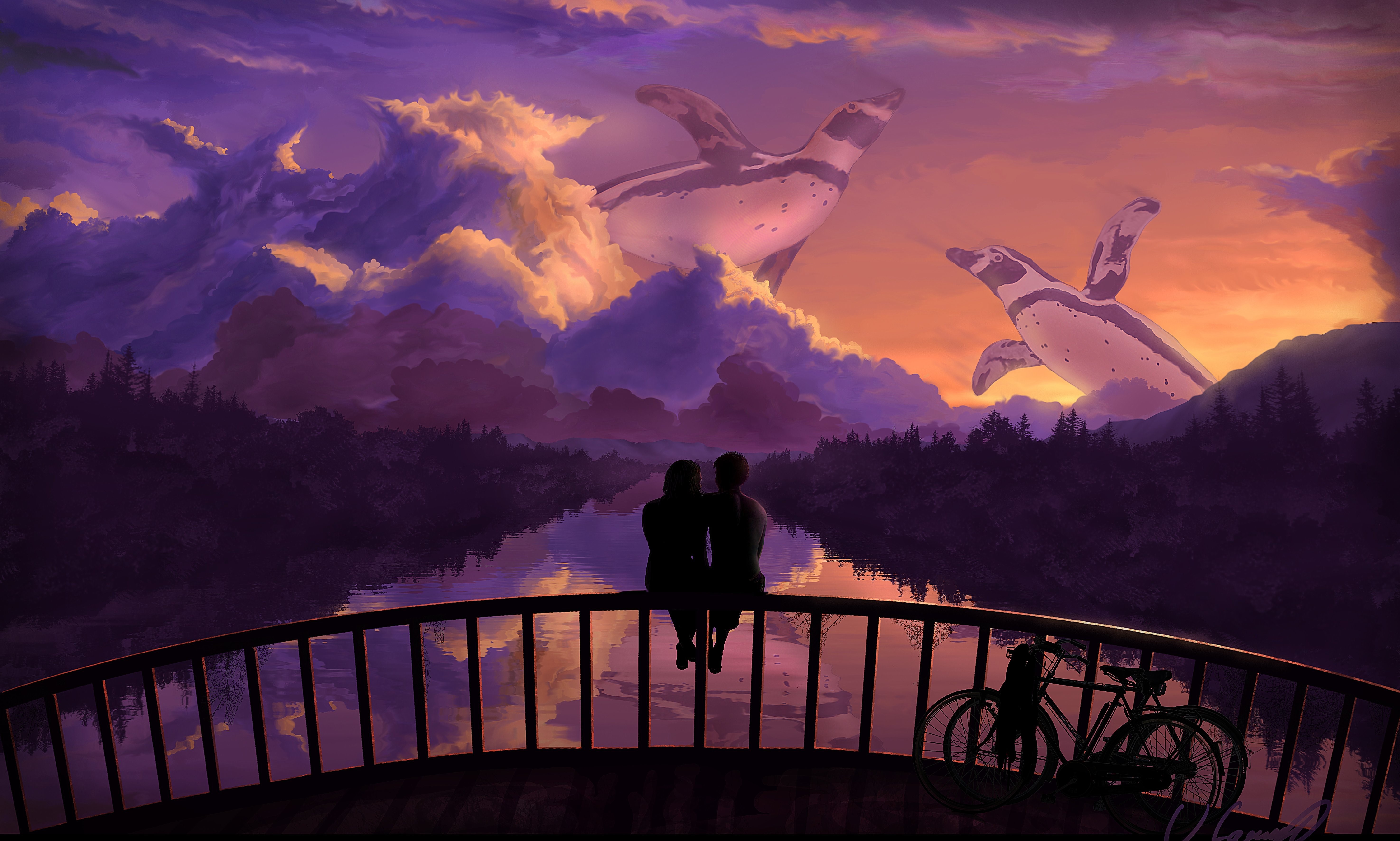 Couple on Bridge Watching Flying Penguins at Sunset HD Wallpaper