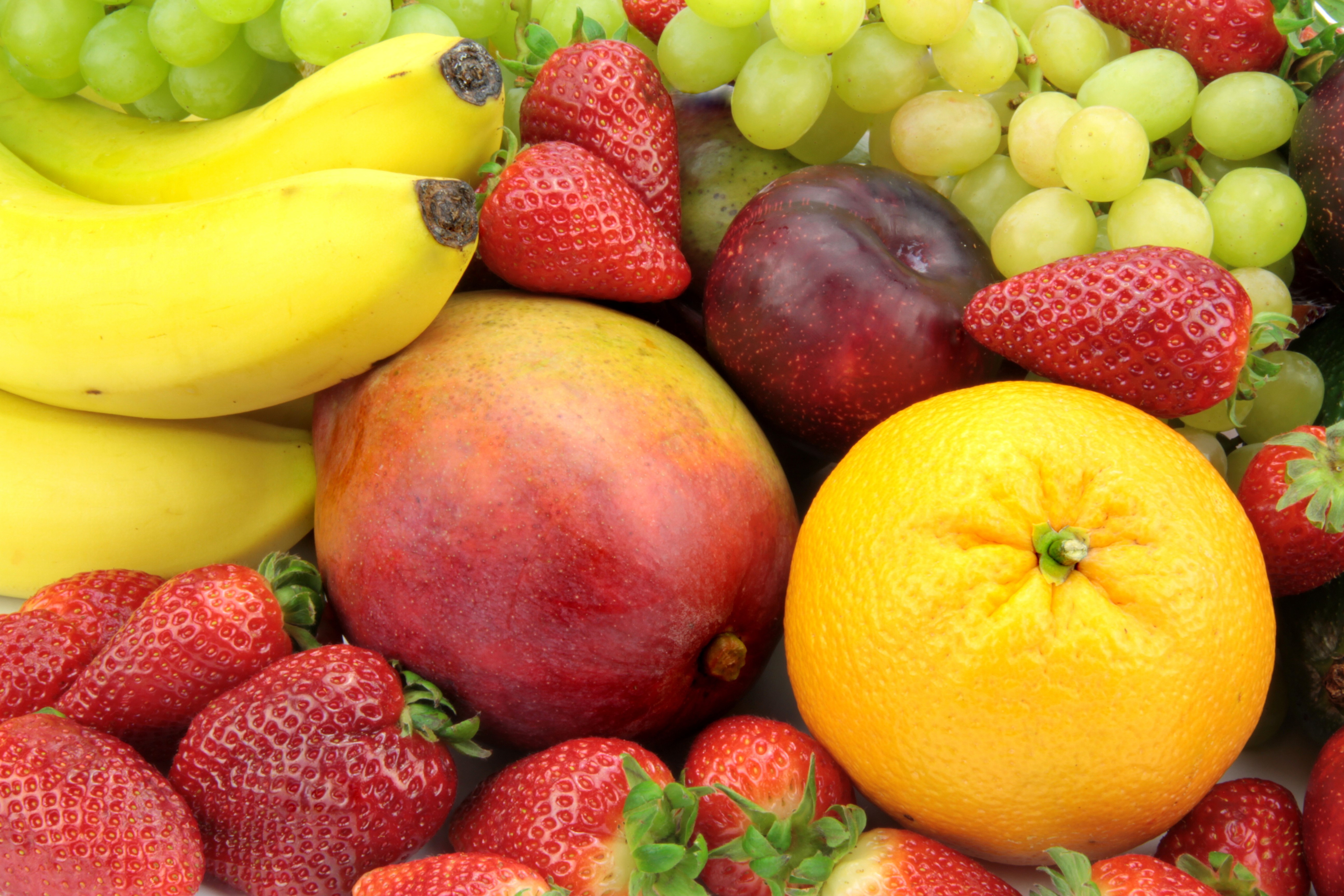 Fruit: Bananas, Strawberries, Grapes, Mango, Orange, Plum HD Wallpaper