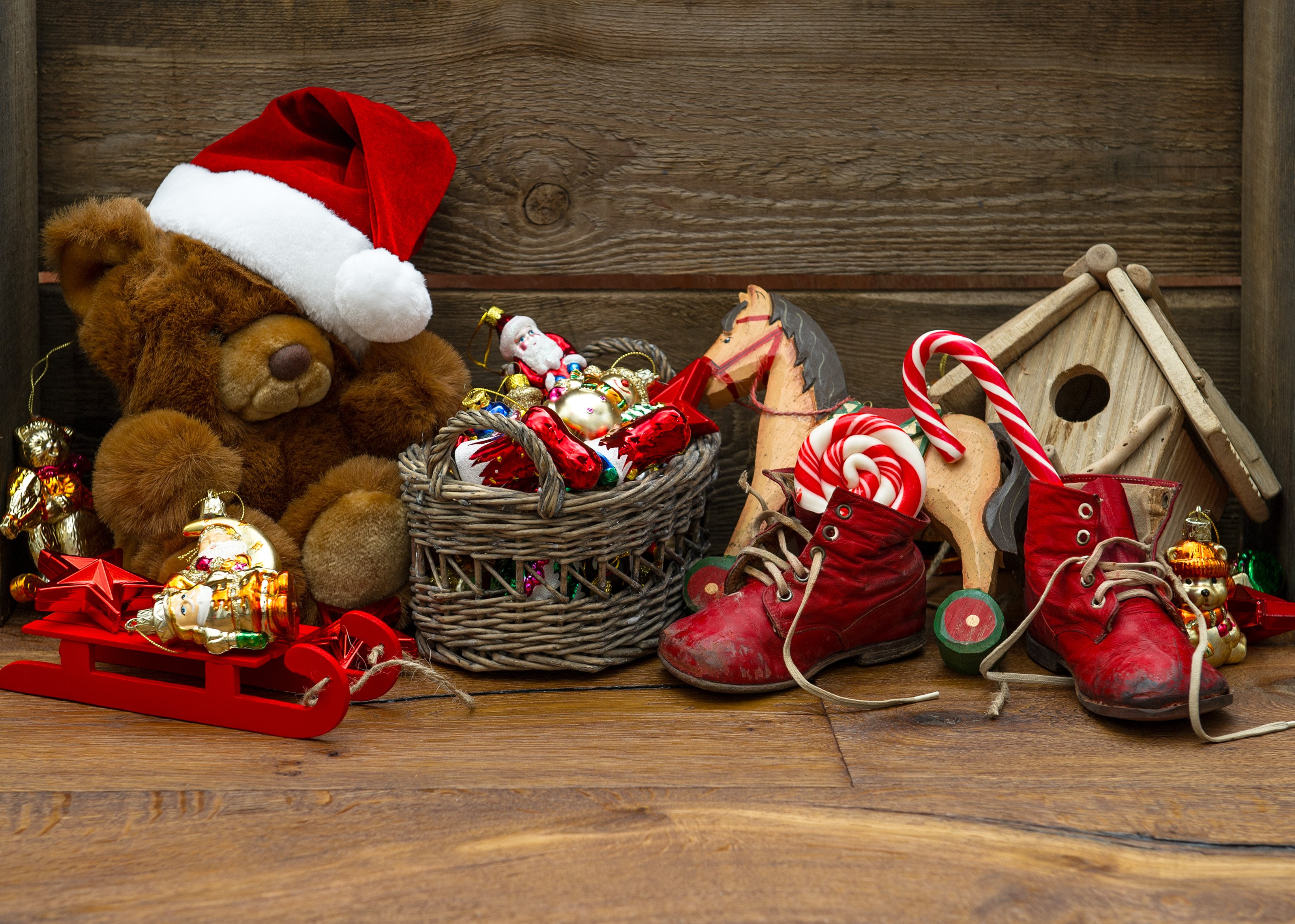 Christmas teddy bear with toys and ornaments HD Wallpaper