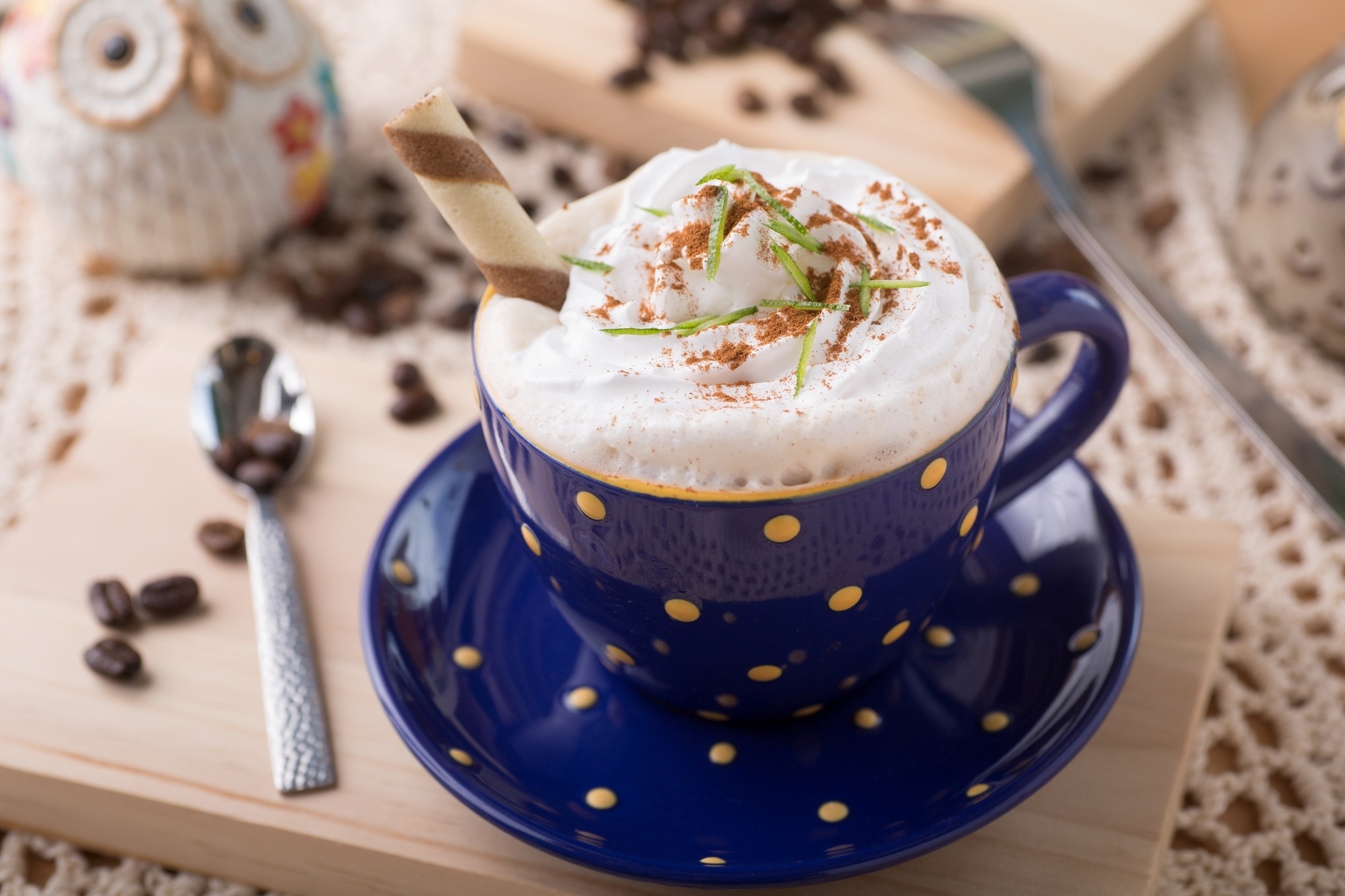 Coffee with whipped cream and a wafer stick HD Wallpaper