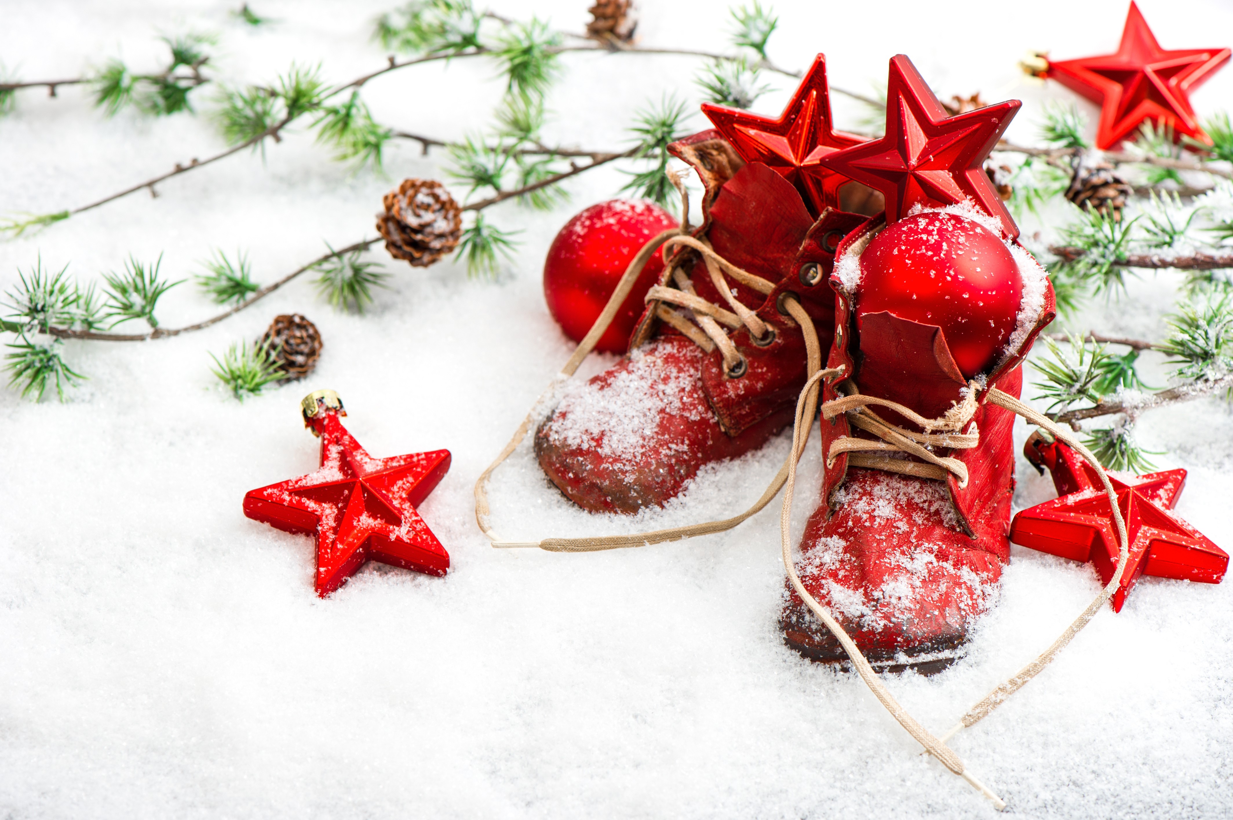 Christmas Boots with Ornaments and Pine Branches in Snow HD Wallpaper