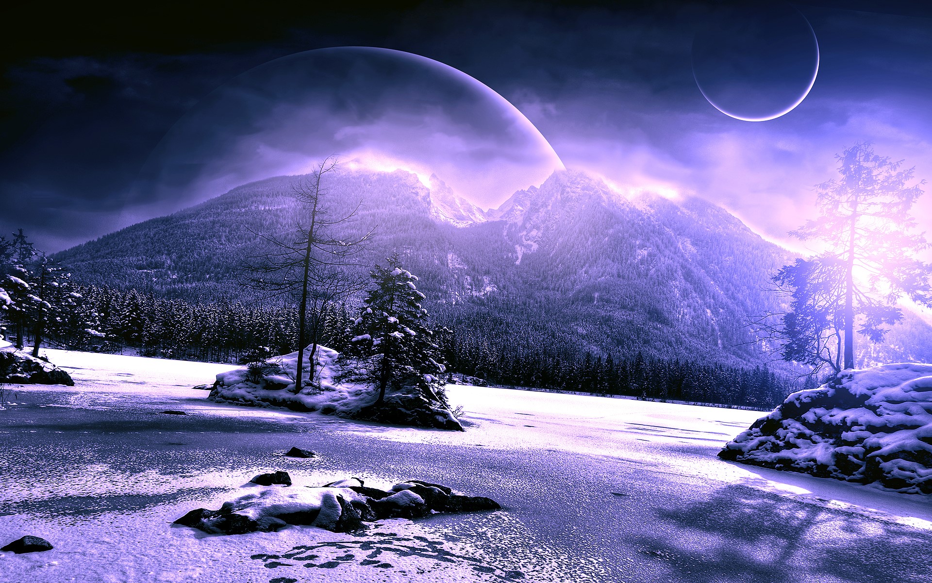 Winter mountains with planets in the sky HD Wallpaper