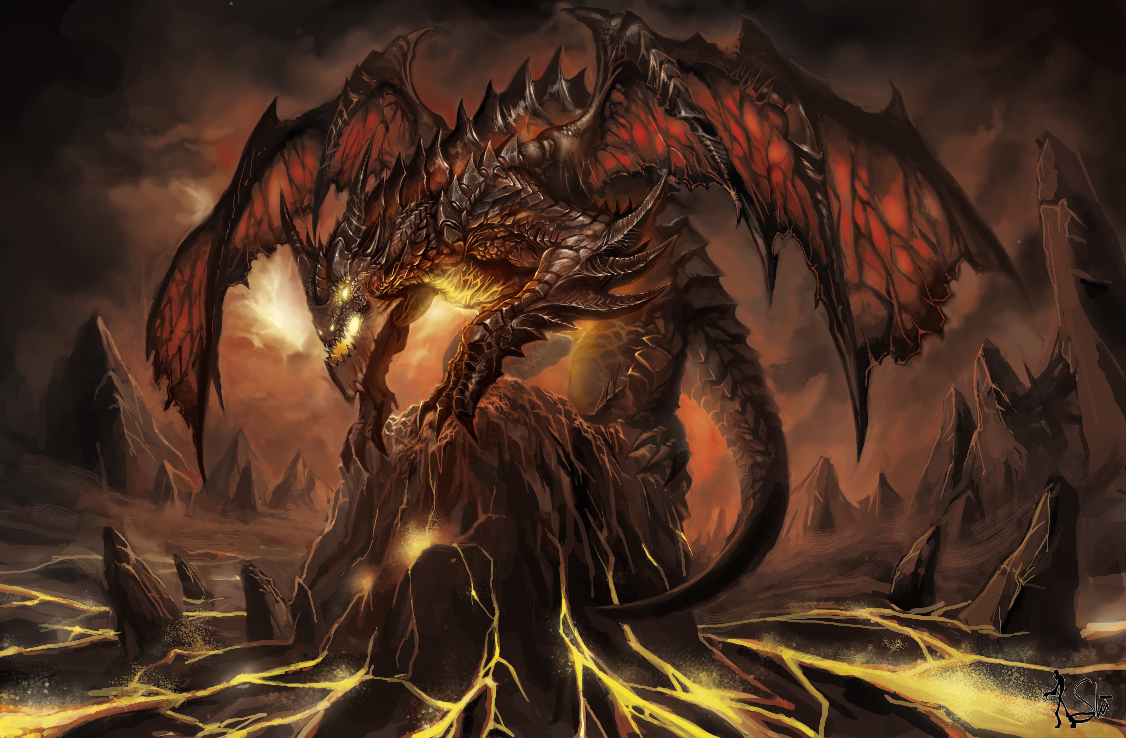 A fearsome dragon perched on a rocky outcrop HD Wallpaper