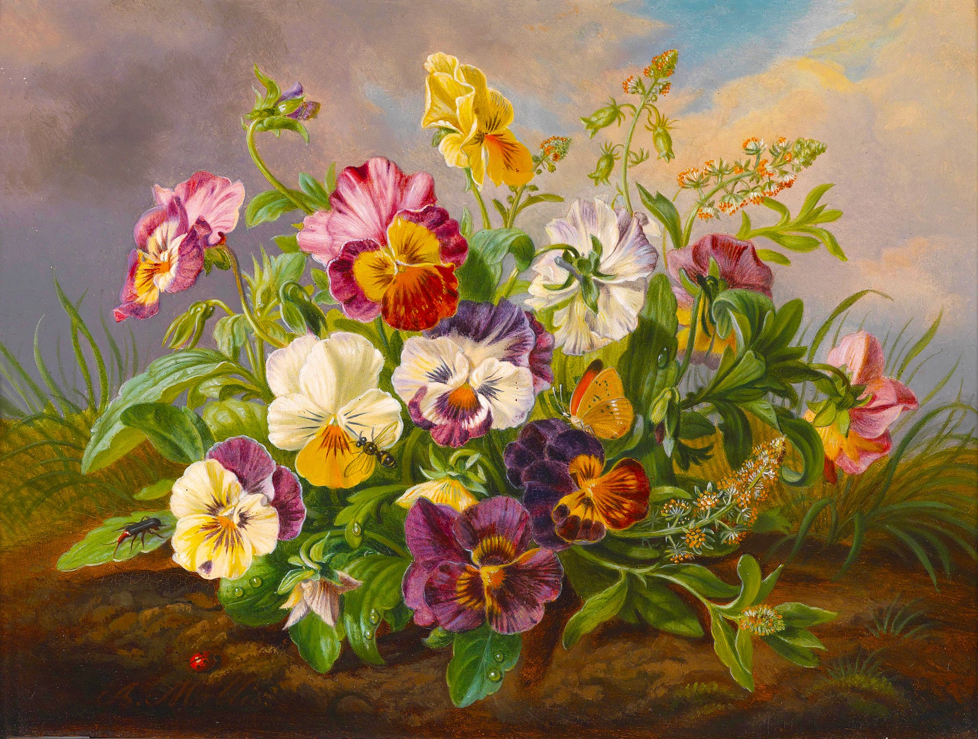 A painting of pansies with insects and a butterfly HD Wallpaper