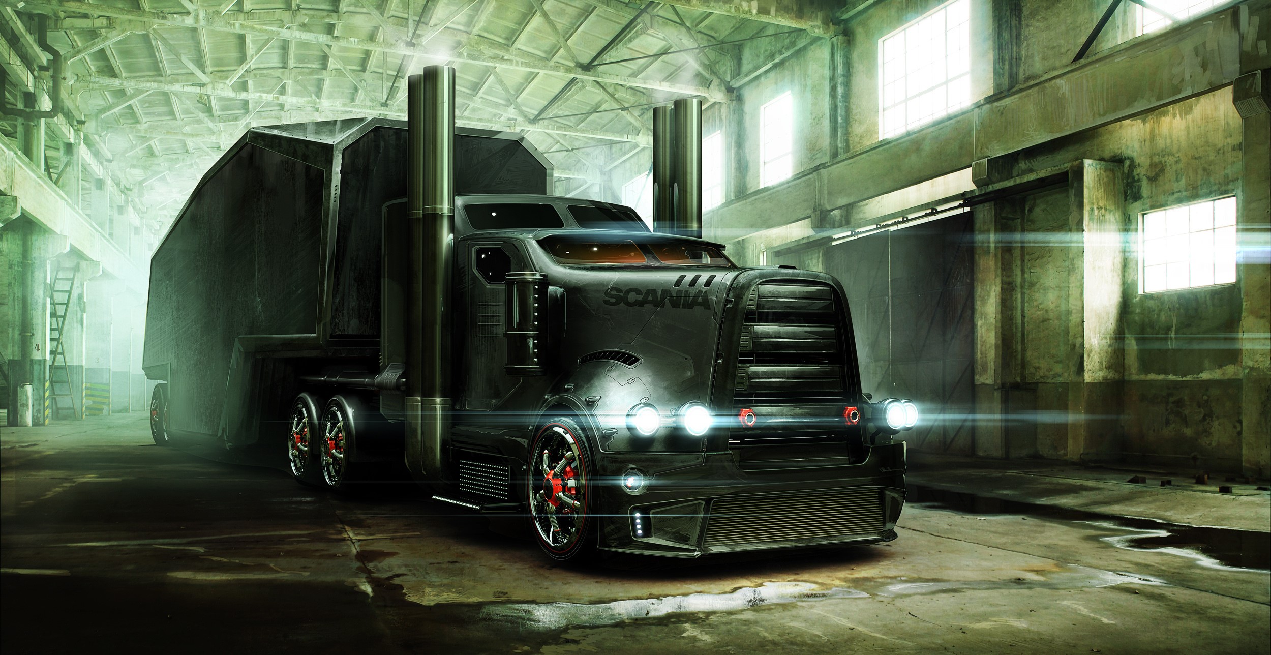 Futuristic Scania truck in a warehouse HD Wallpaper
