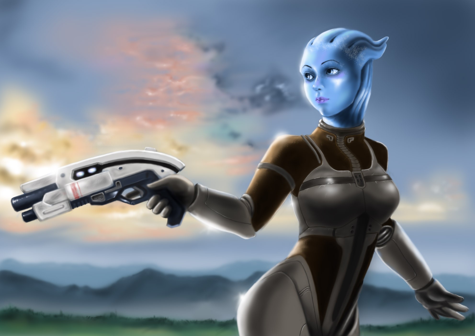Liara T'Soni from Mass Effect holding a pistol HD Wallpaper