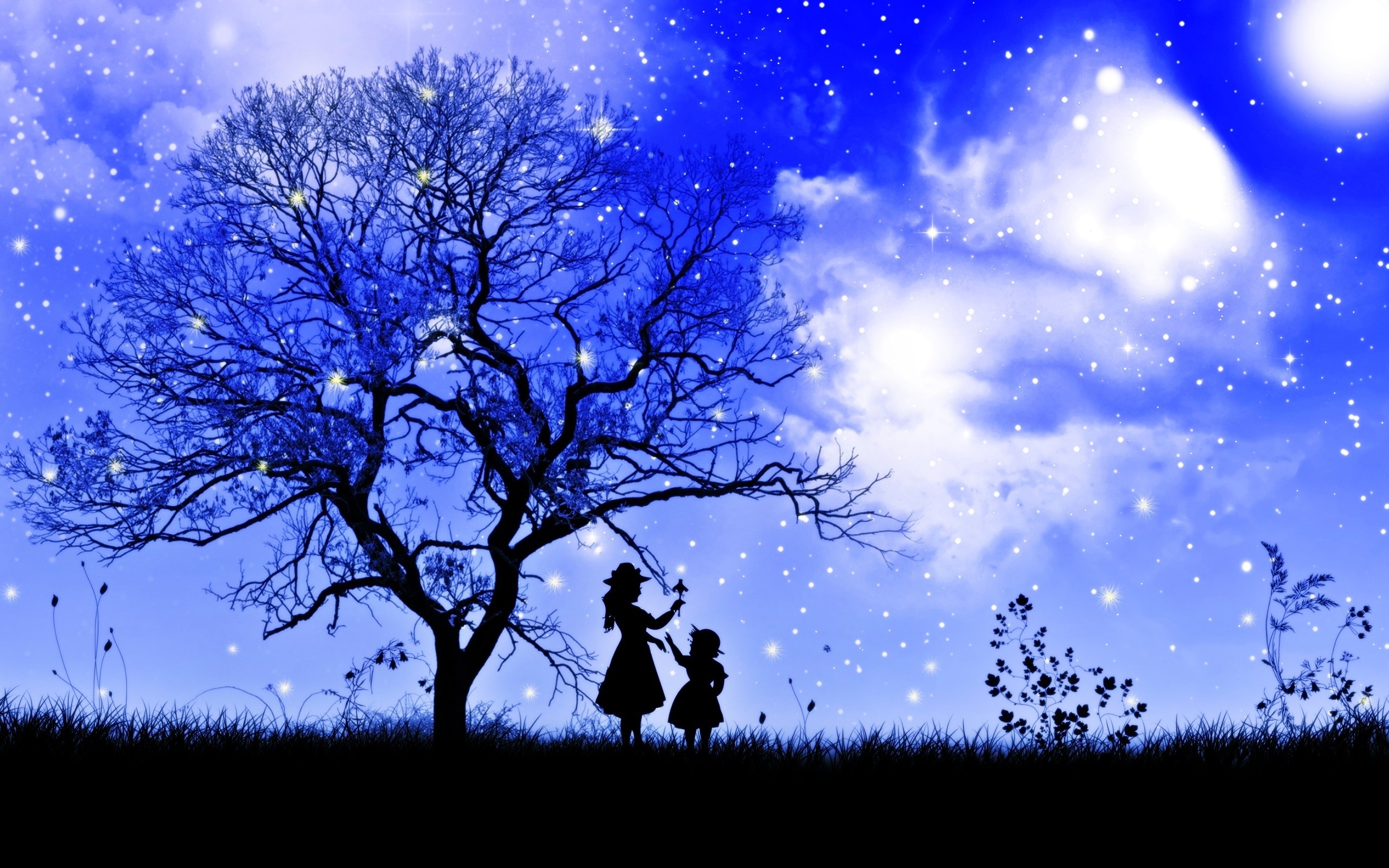 Silhouette of a tree with two people under it at night HD Wallpaper