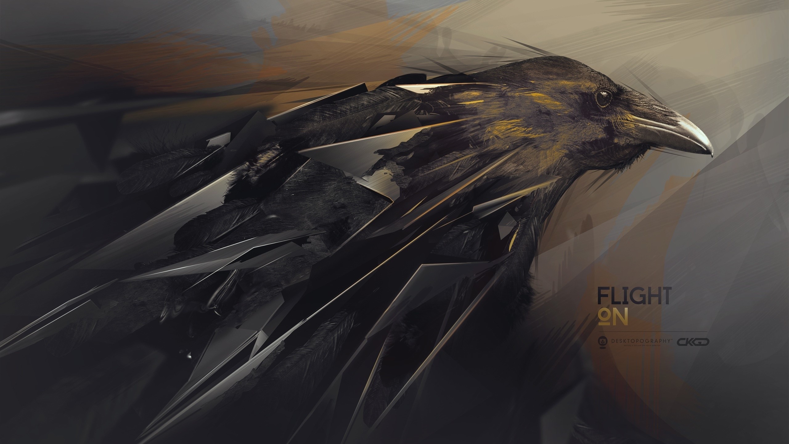 Digital art of a crow in flight with abstract elements HD Wallpaper