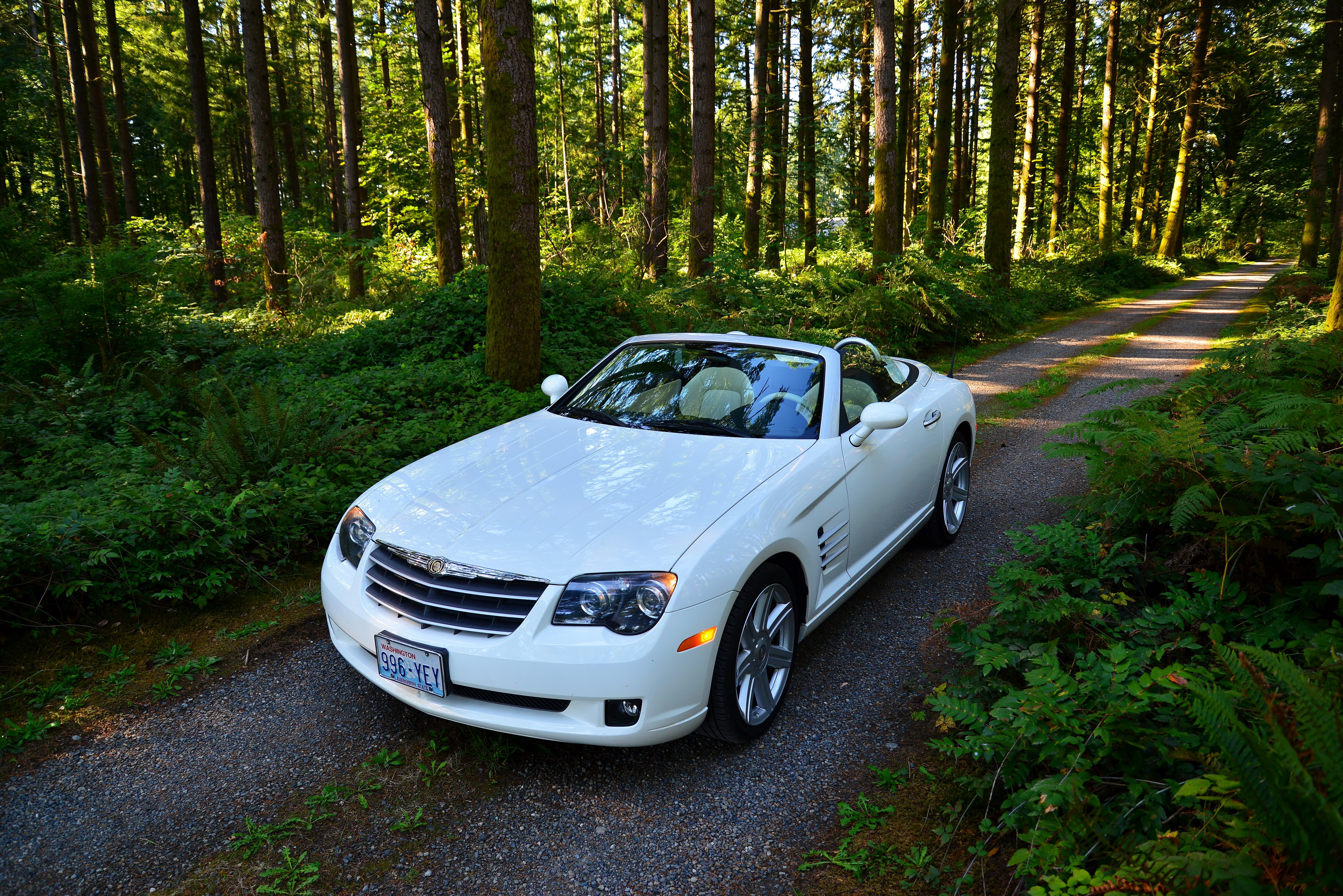 White Chrysler Crossfire SRT6 Cabriolet in a Forest Road HD Wallpaper