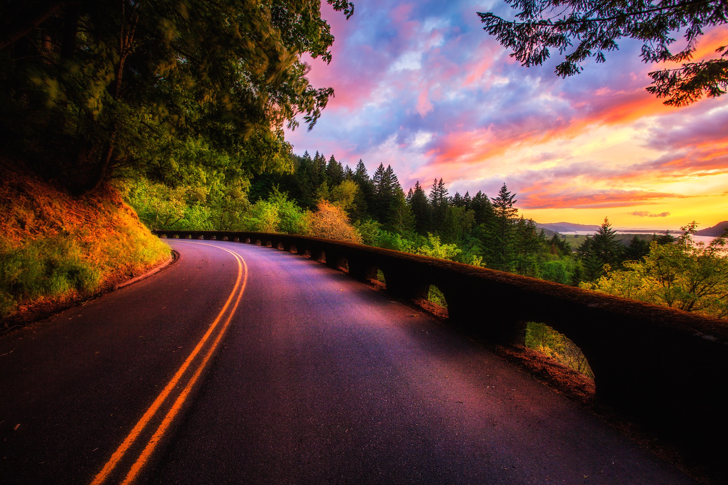 Scenic road with sunset sky and forest HD Wallpaper