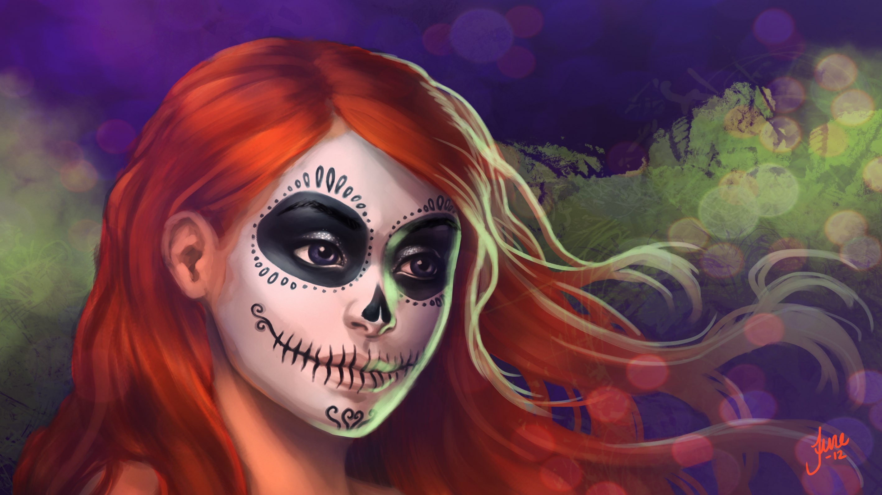 Girl with Day of the Dead face paint and red hair HD Wallpaper