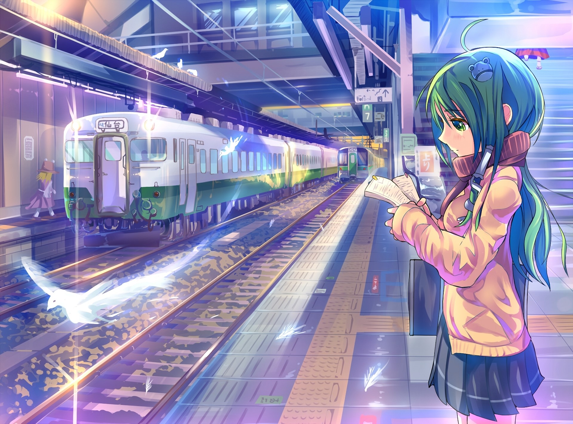 Girl reading at train station with Touhou characters HD Wallpaper