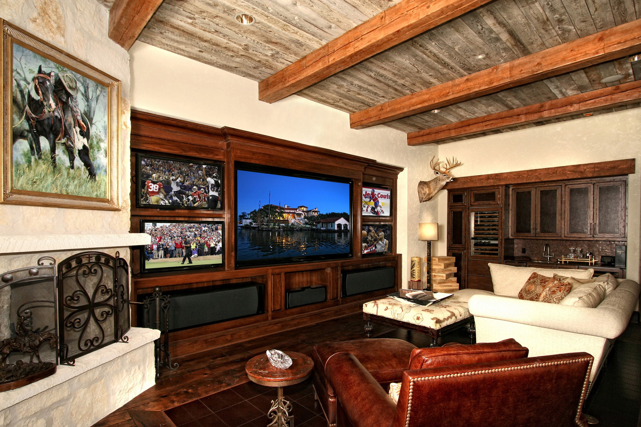 Living room with multiple TVs and fireplace HD Wallpaper