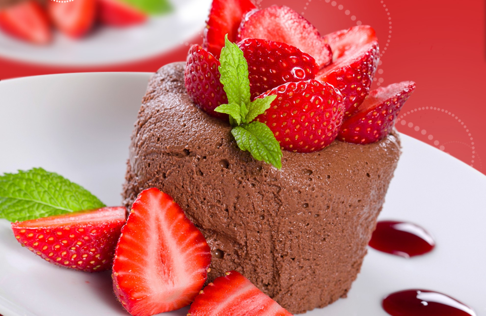Chocolate mousse cake with strawberries and mint HD Wallpaper
