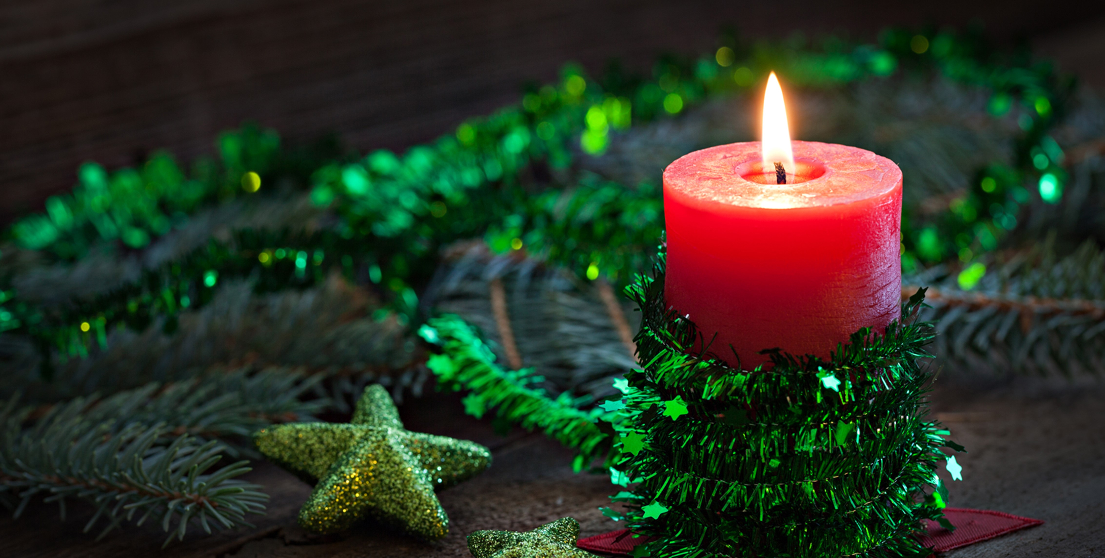 Red Candle with Christmas Decorations HD Wallpaper