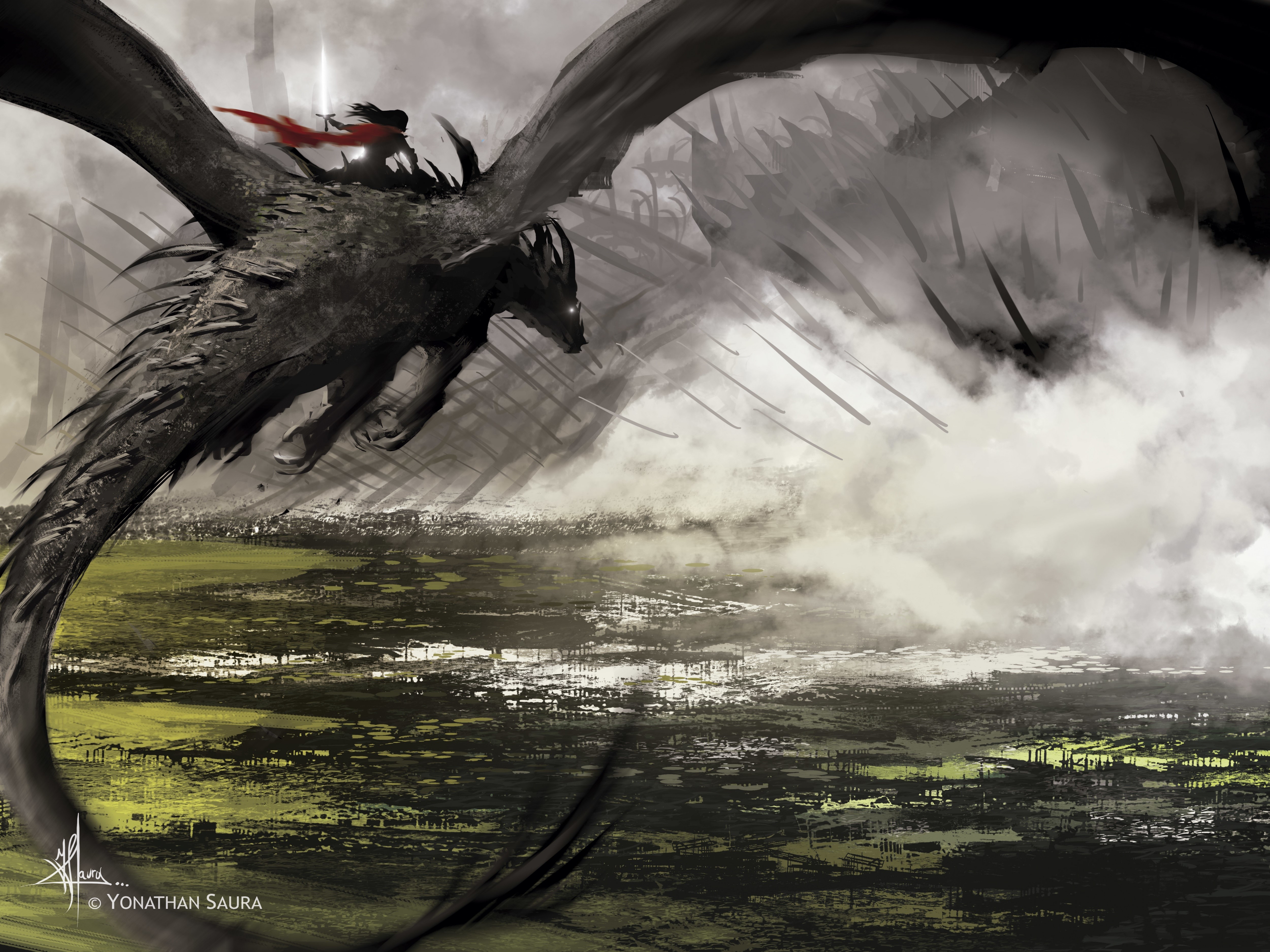 Dragon Rider in Foggy Landscape HD Wallpaper