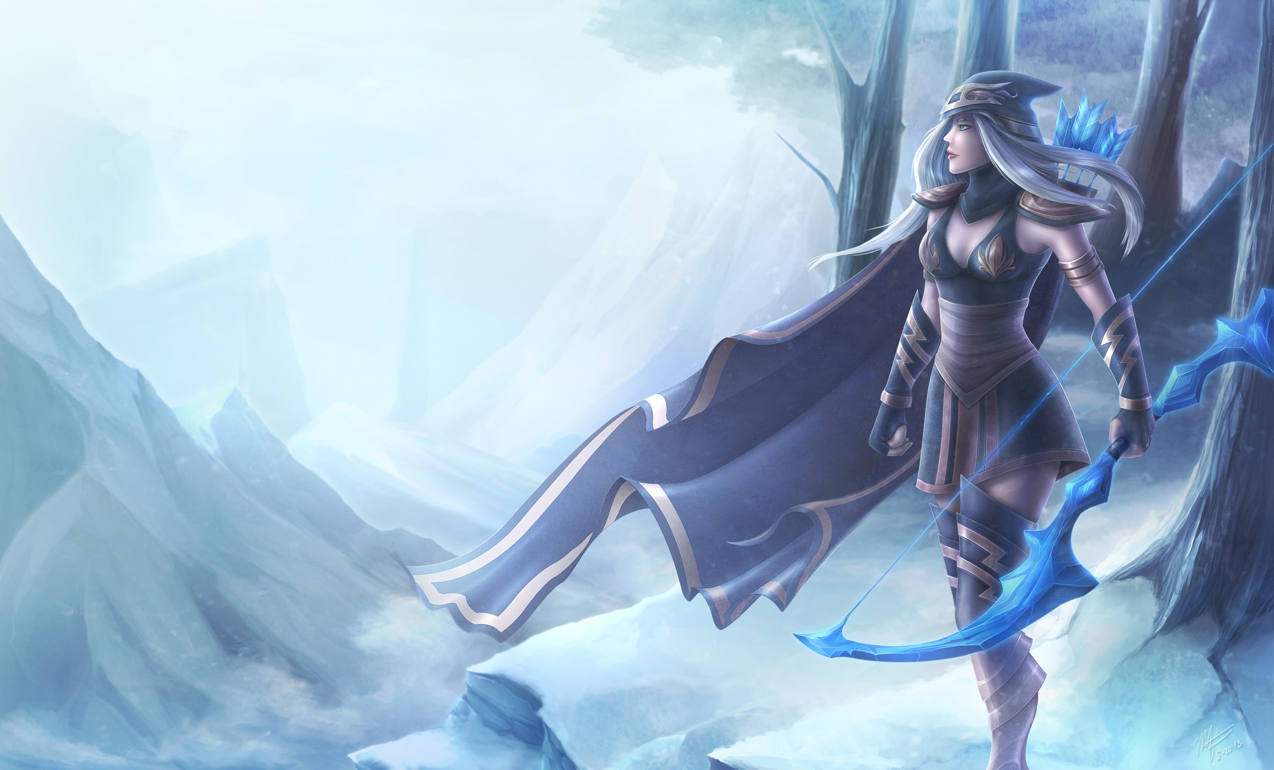Ashe from League of Legends with a bow in a snowy forest HD Wallpaper