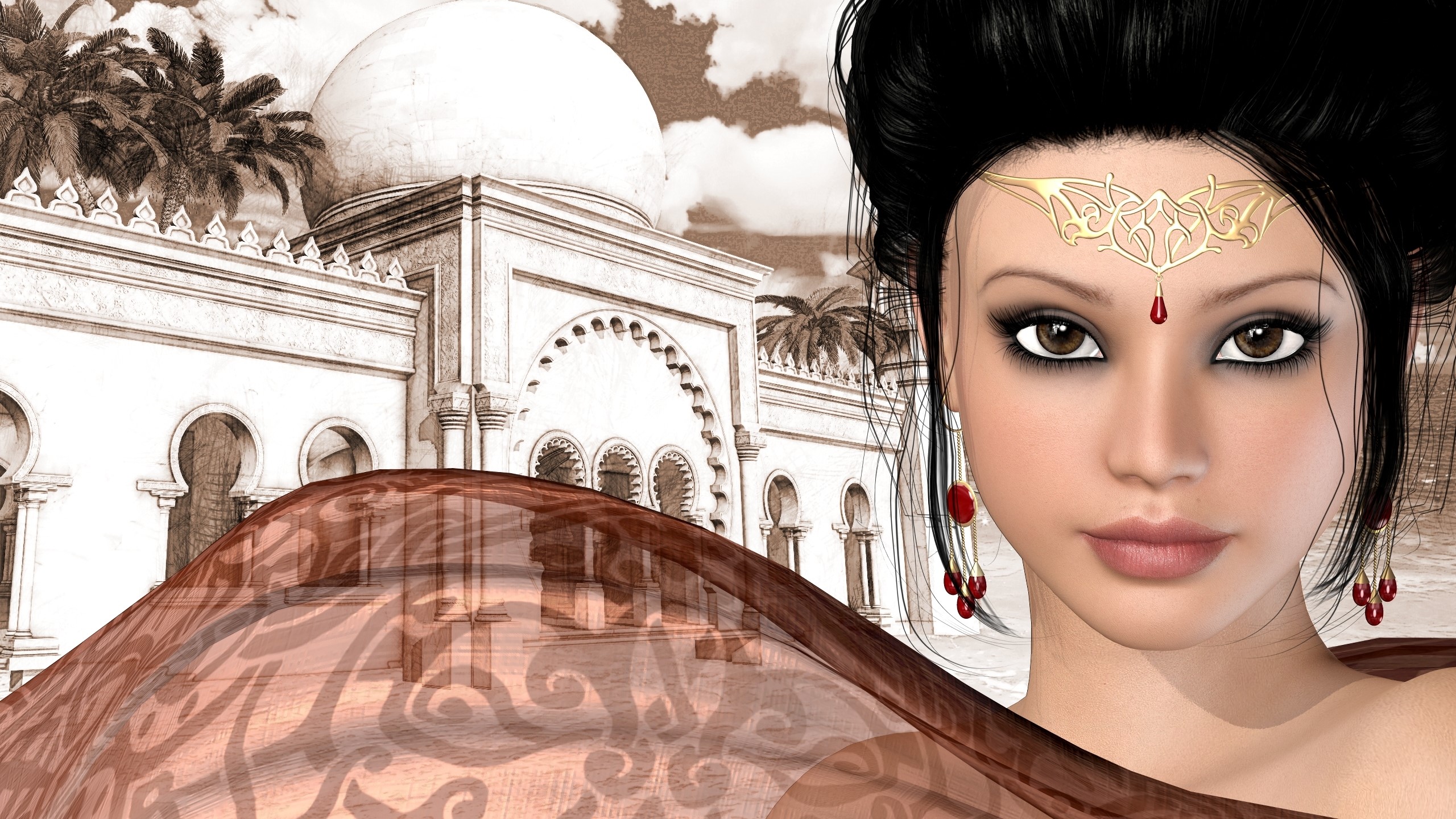 Brunette girl with ornate headpiece and earrings HD Wallpaper