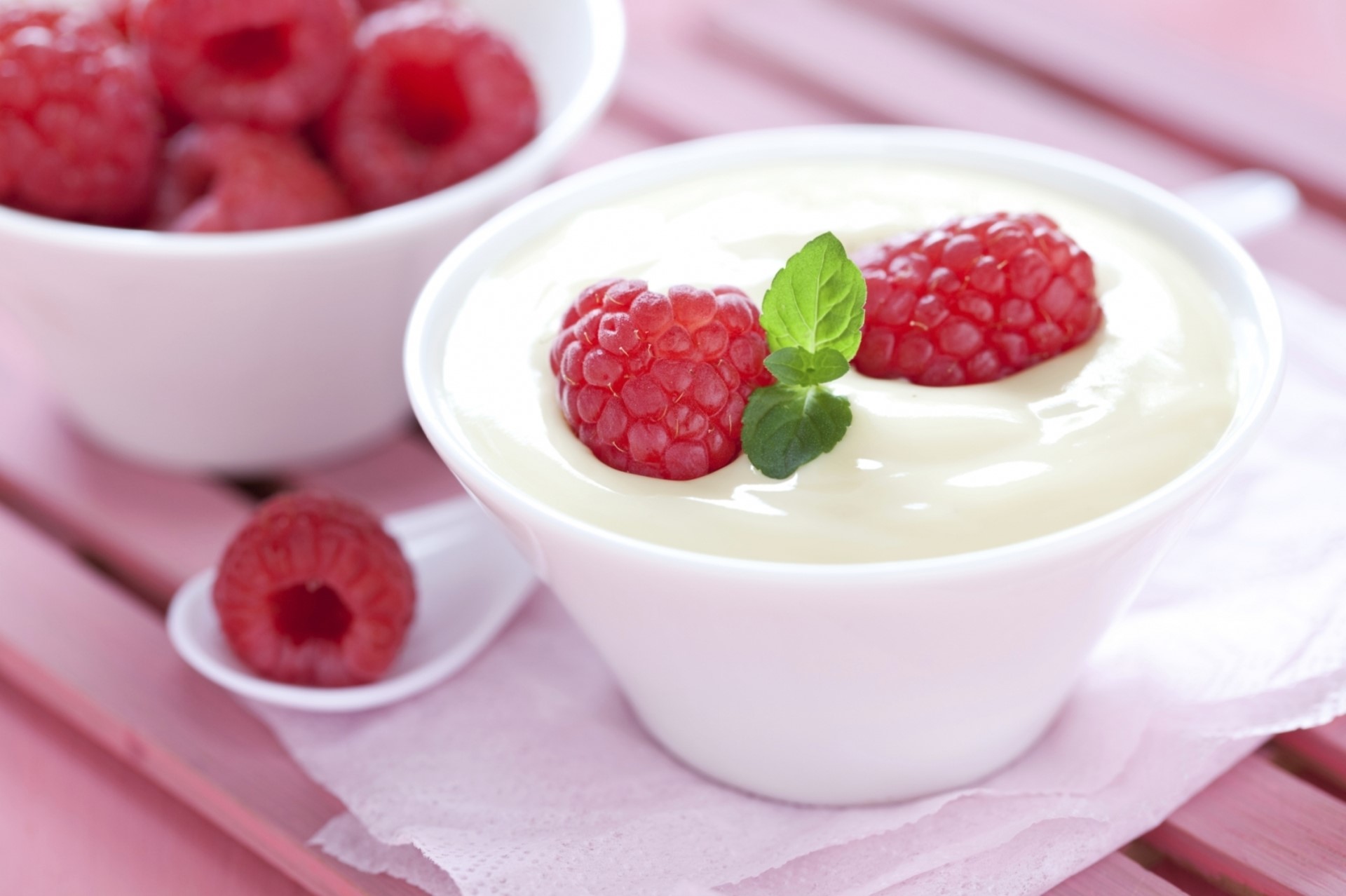 Raspberries and Yogurt in White Bowls HD Wallpaper