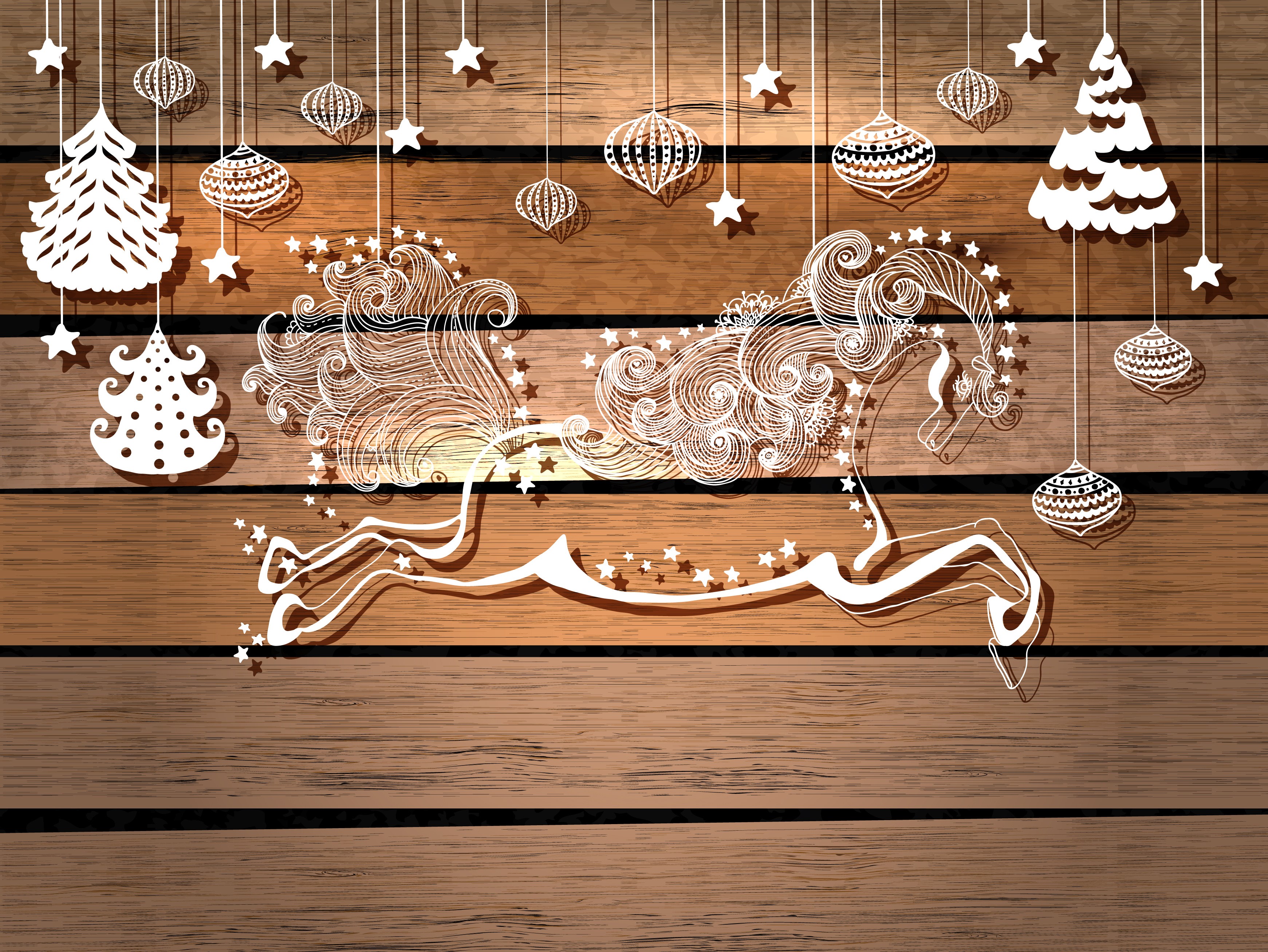 Christmas Decorations with Horse Silhouette on Wood HD Wallpaper