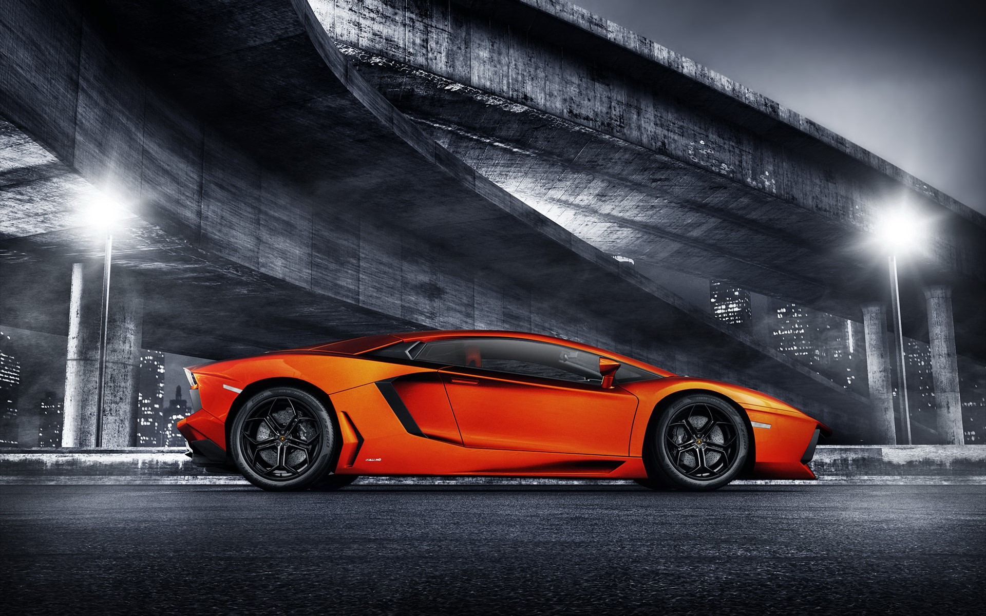 Orange Lamborghini Aventador LP700-4 parked under a bridge HD Wallpaper