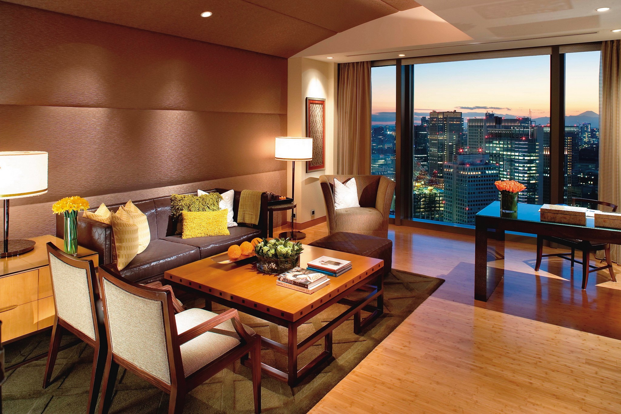 Living room with city view at dusk HD Wallpaper