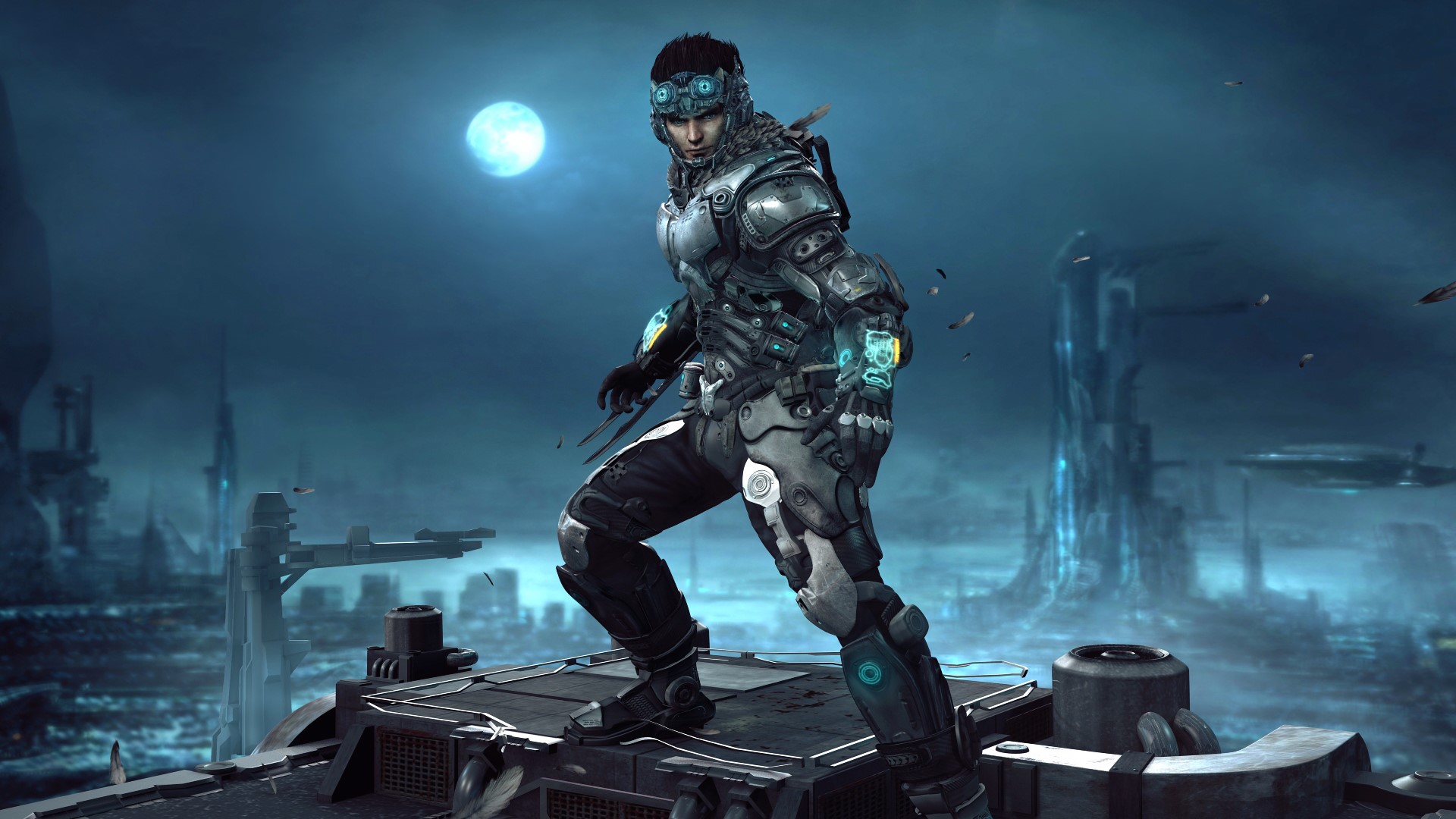 Man in futuristic armor under the moon HD Wallpaper