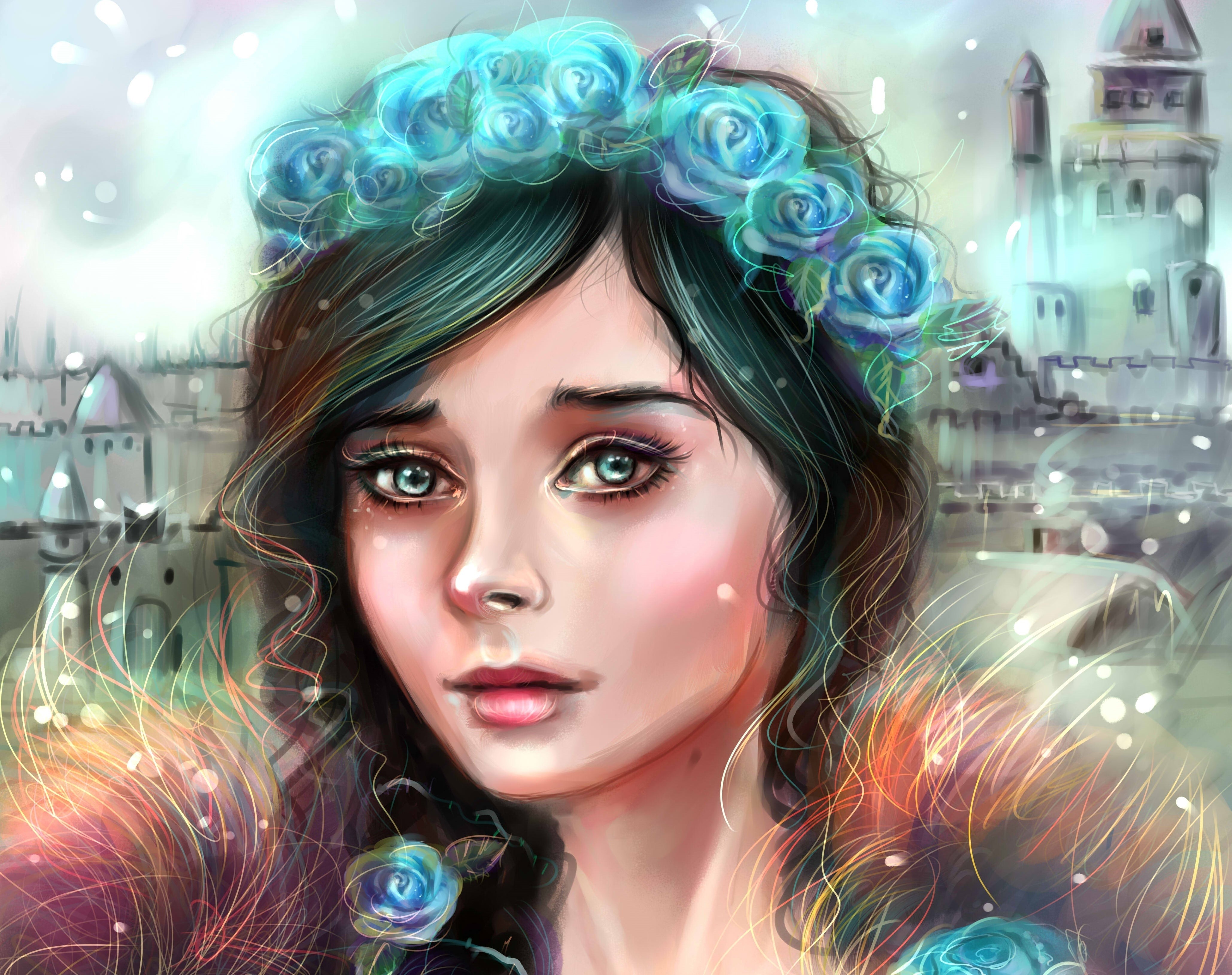 Painting Art of a Girl with Blue Roses HD Wallpaper