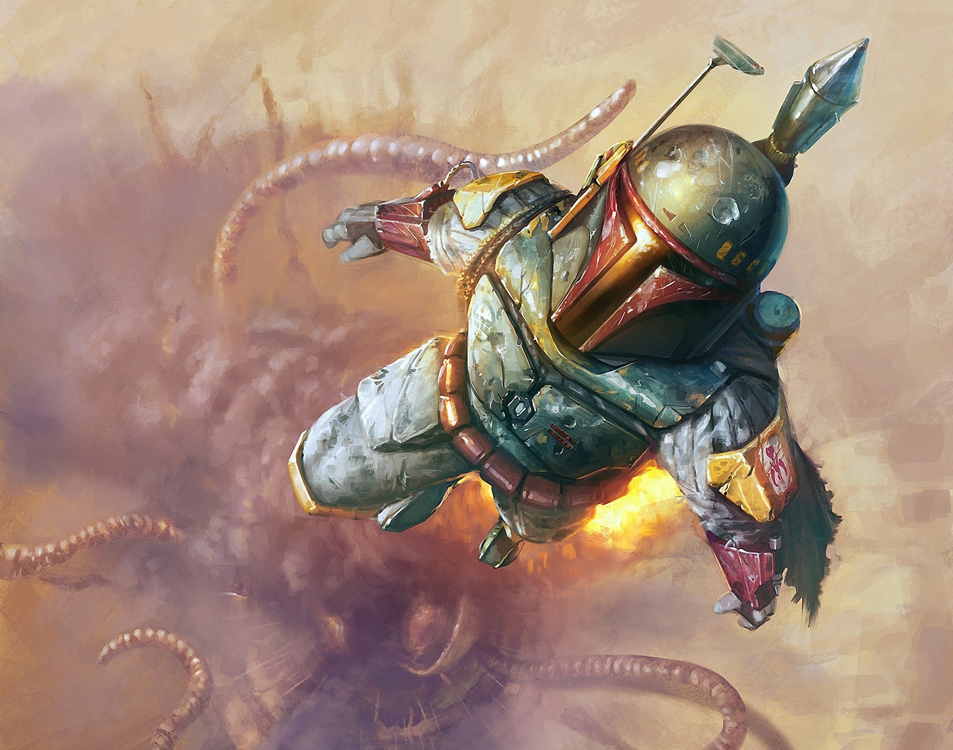 Boba Fett from Star Wars in flight HD Wallpaper