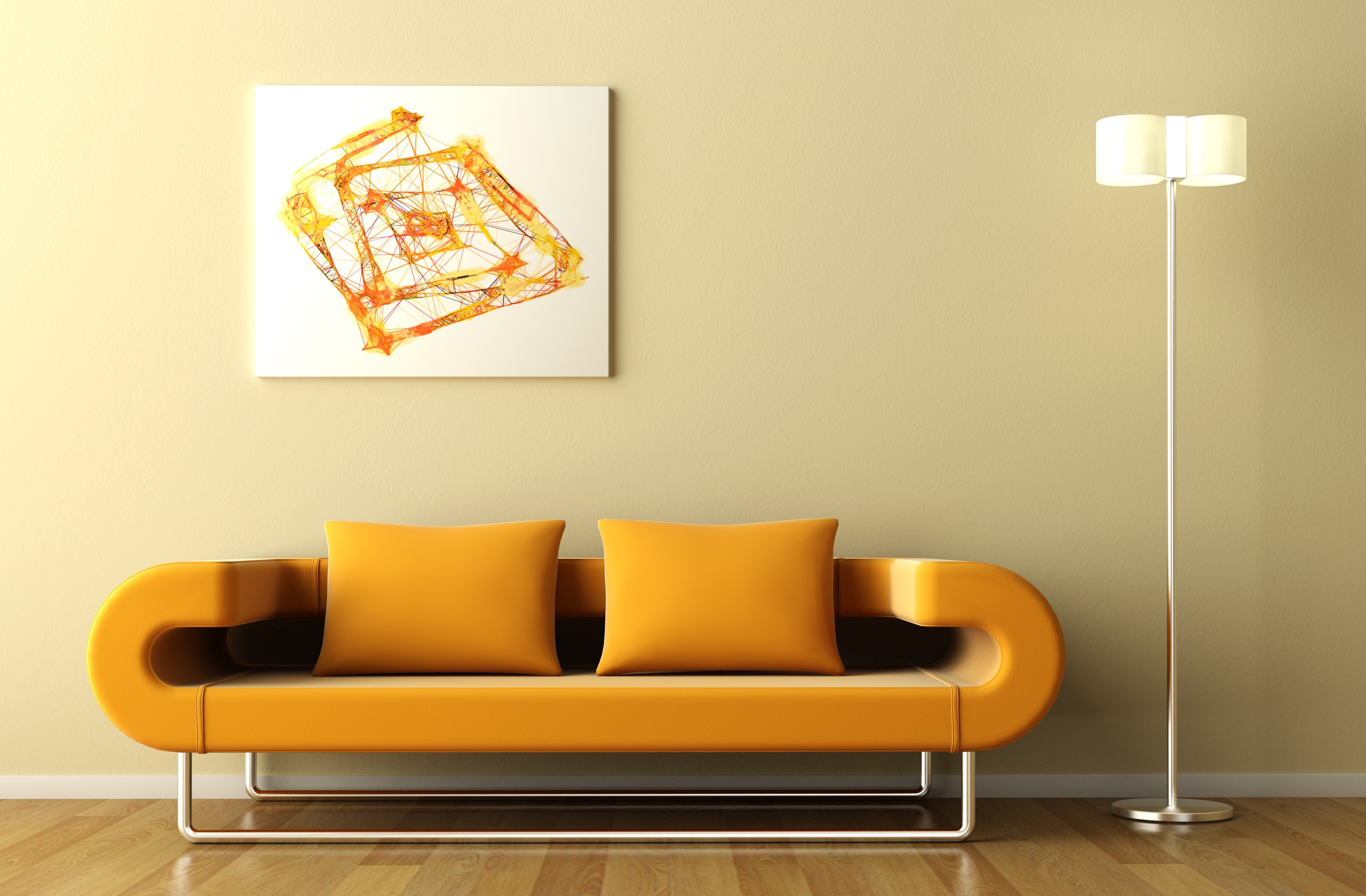 Sofa with yellow pillows and a floor lamp HD Wallpaper