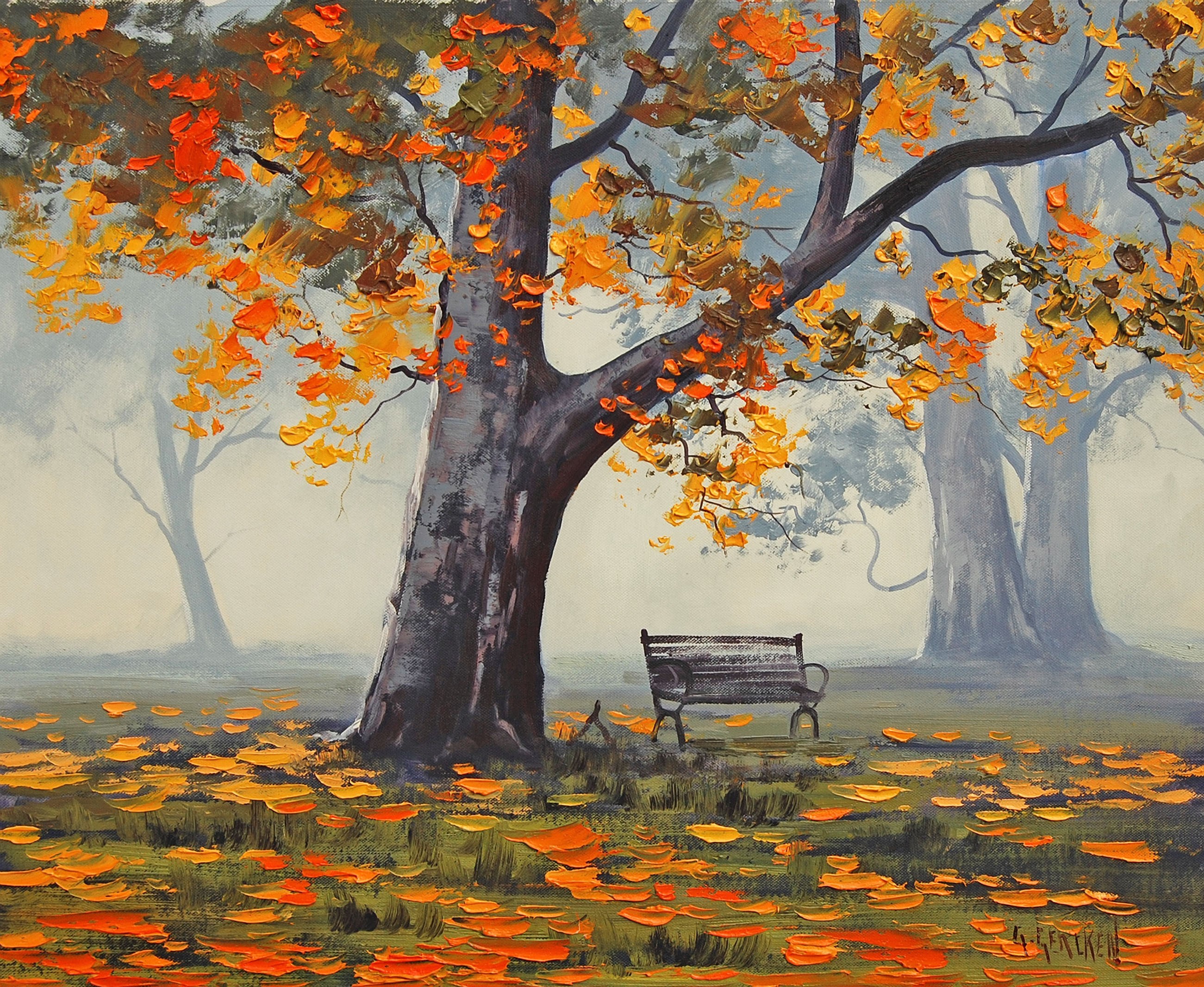 Autumn park scene with bench and trees HD Wallpaper
